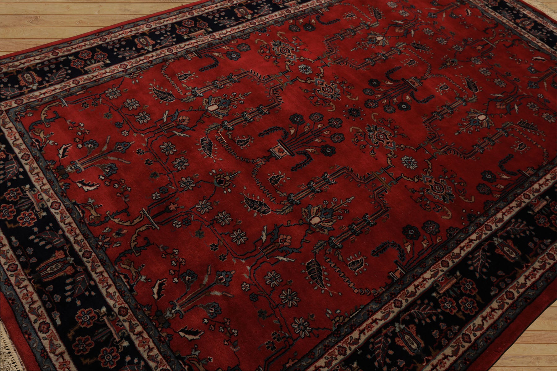 6x9 Burgundy, Navy, Ivory Color Hand Knotted Sarouk Wool Traditional Oriental Rug