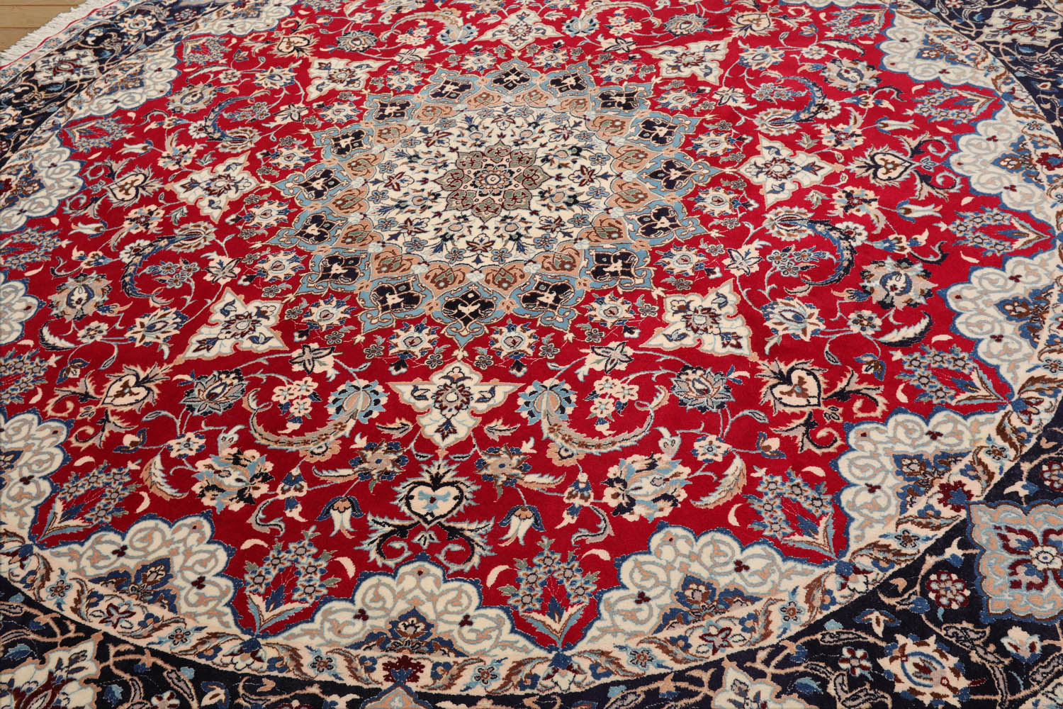 Gak LoomBloom Traditional Red Wool & Silk Area Rug Esfahan Botanical Pattern Hand Knotted 10'x10' Round 250 KPSI