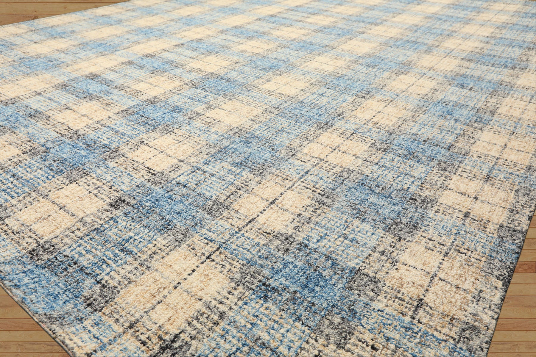 Multi Size Ivory Aqua Charcoal Color Hand Hooked  Wool Contemporary Oriental Rug