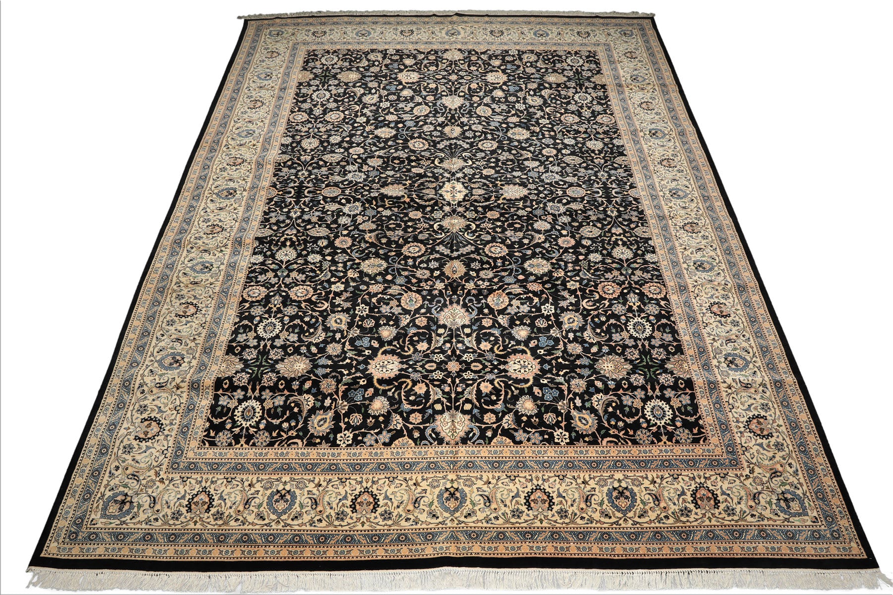 OverSize Black, Ivory, Blue Color Hand Knotted Pak Persian Wool Traditional Oriental Rug