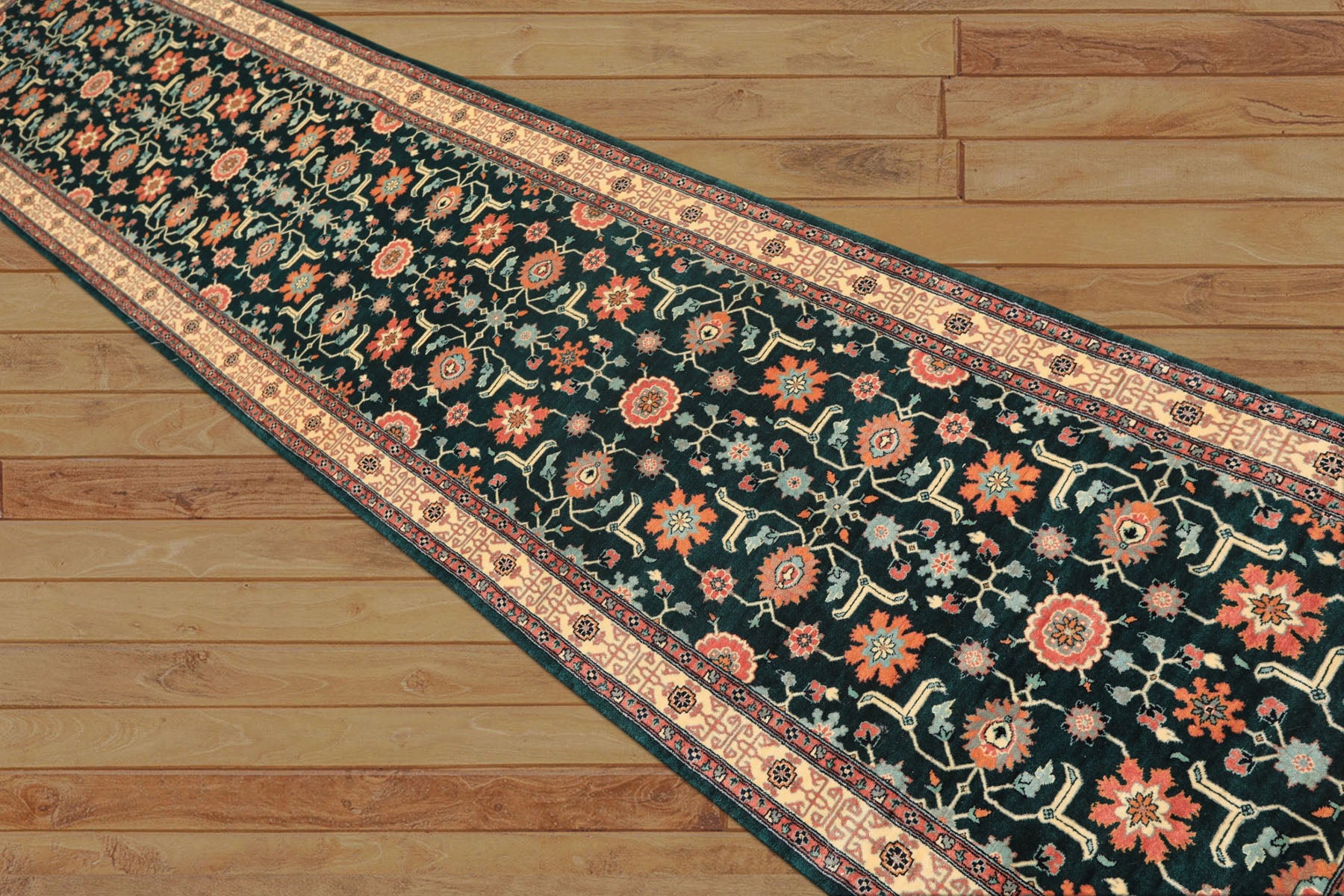 2'6x12 Teal, Ivory, Rose Color Hand Knotted Pak Persian Wool Traditional Oriental Rug