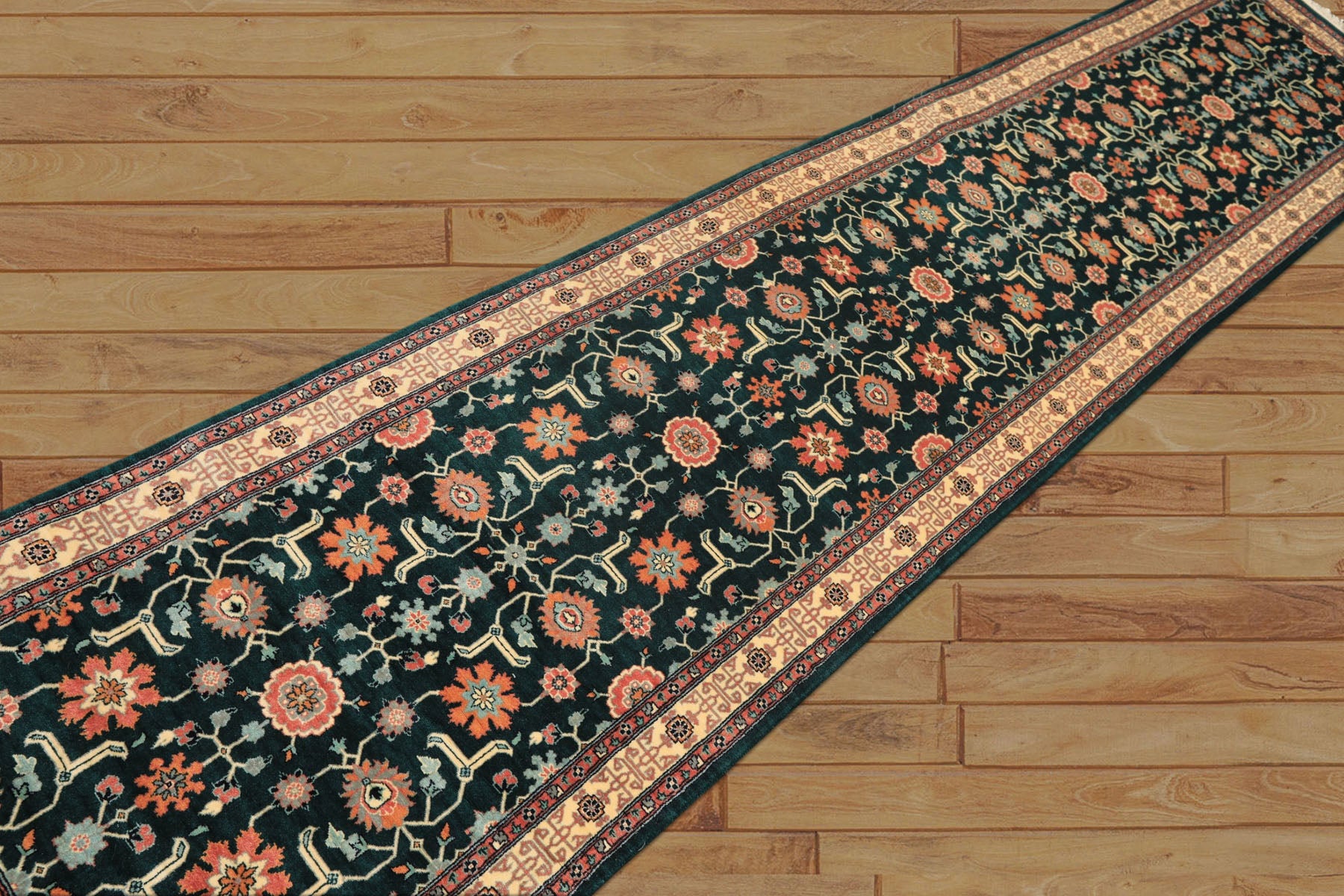 2'6x12 Teal, Ivory, Rose Color Hand Knotted Pak Persian Wool Traditional Oriental Rug