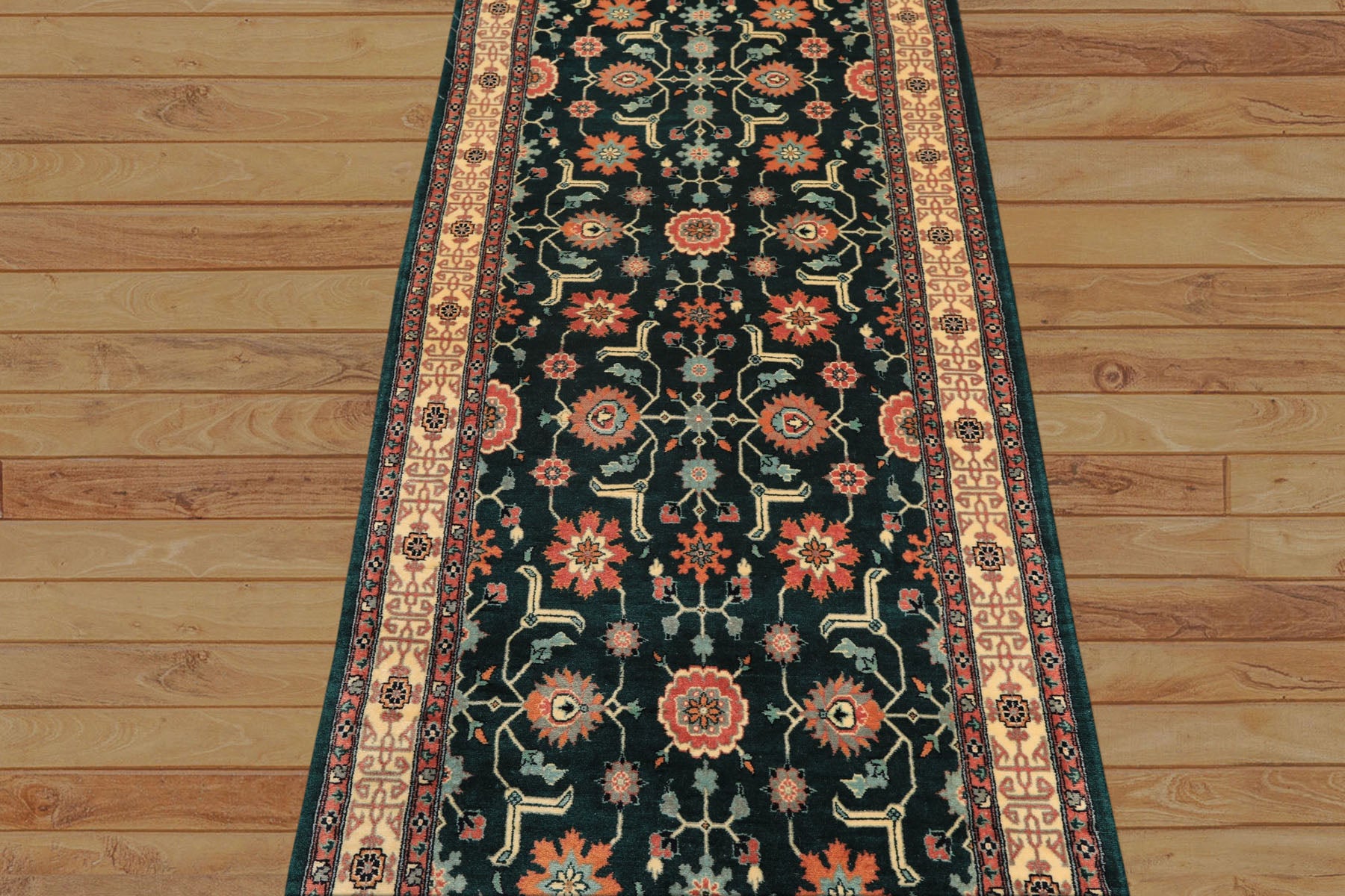 2'6x12 Teal, Ivory, Rose Color Hand Knotted Pak Persian Wool Traditional Oriental Rug