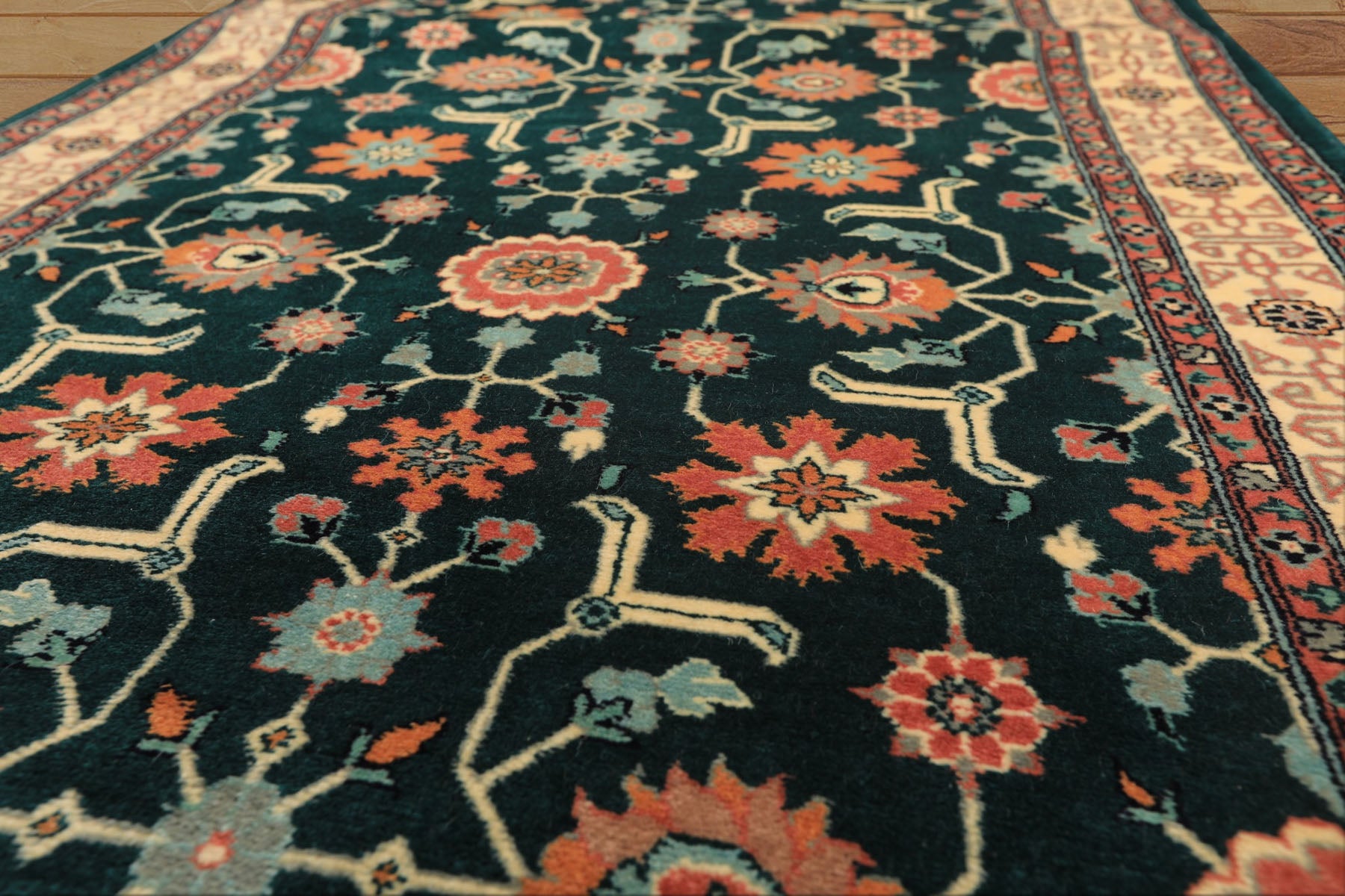 2'6x12 Teal, Ivory, Rose Color Hand Knotted Pak Persian Wool Traditional Oriental Rug