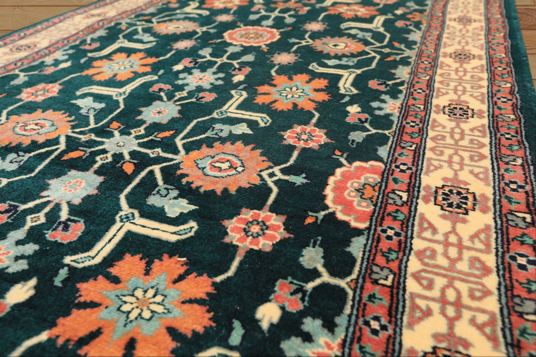 2'6x12 Teal, Ivory, Rose Color Hand Knotted Pak Persian Wool Traditional Oriental Rug