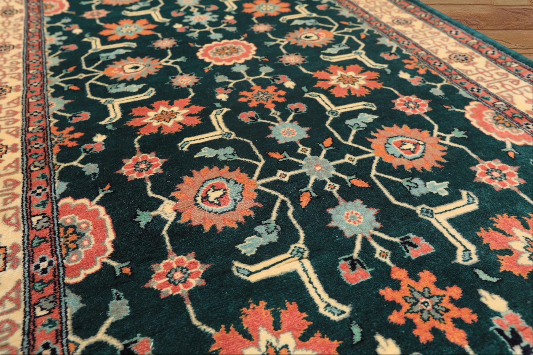 2'6x12 Teal, Ivory, Rose Color Hand Knotted Pak Persian Wool Traditional Oriental Rug