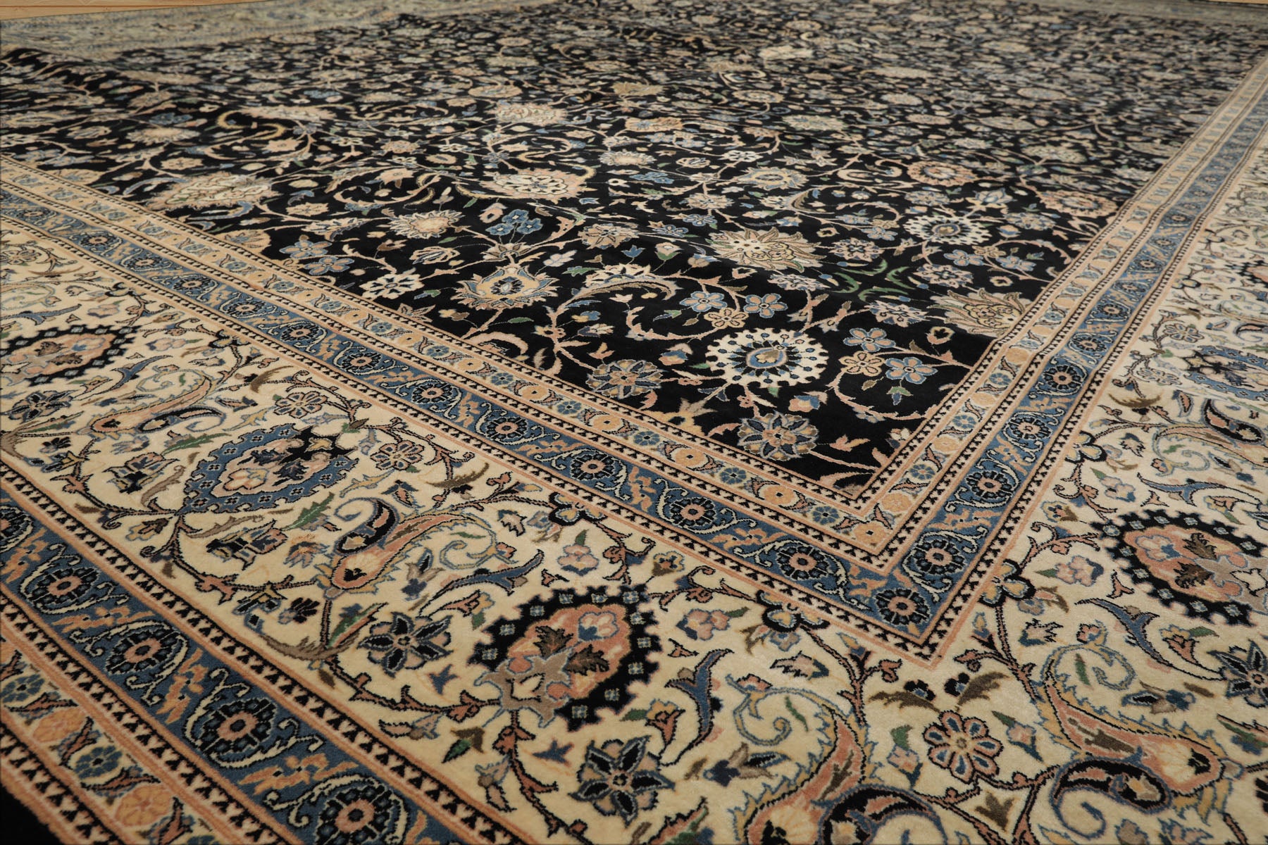 OverSize Black, Ivory, Blue Color Hand Knotted Pak Persian Wool Traditional Oriental Rug