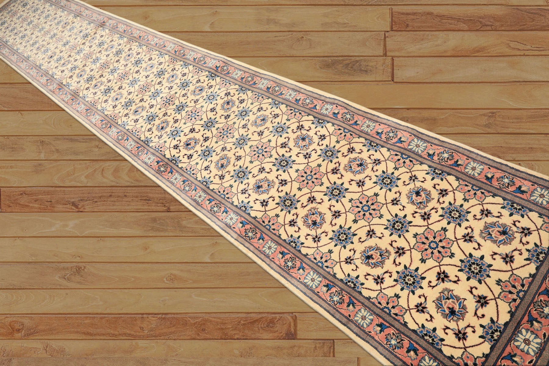 Runner Ivory, Rose, Blue Color Hand Knotted Kashan Wool Traditional Oriental Rug