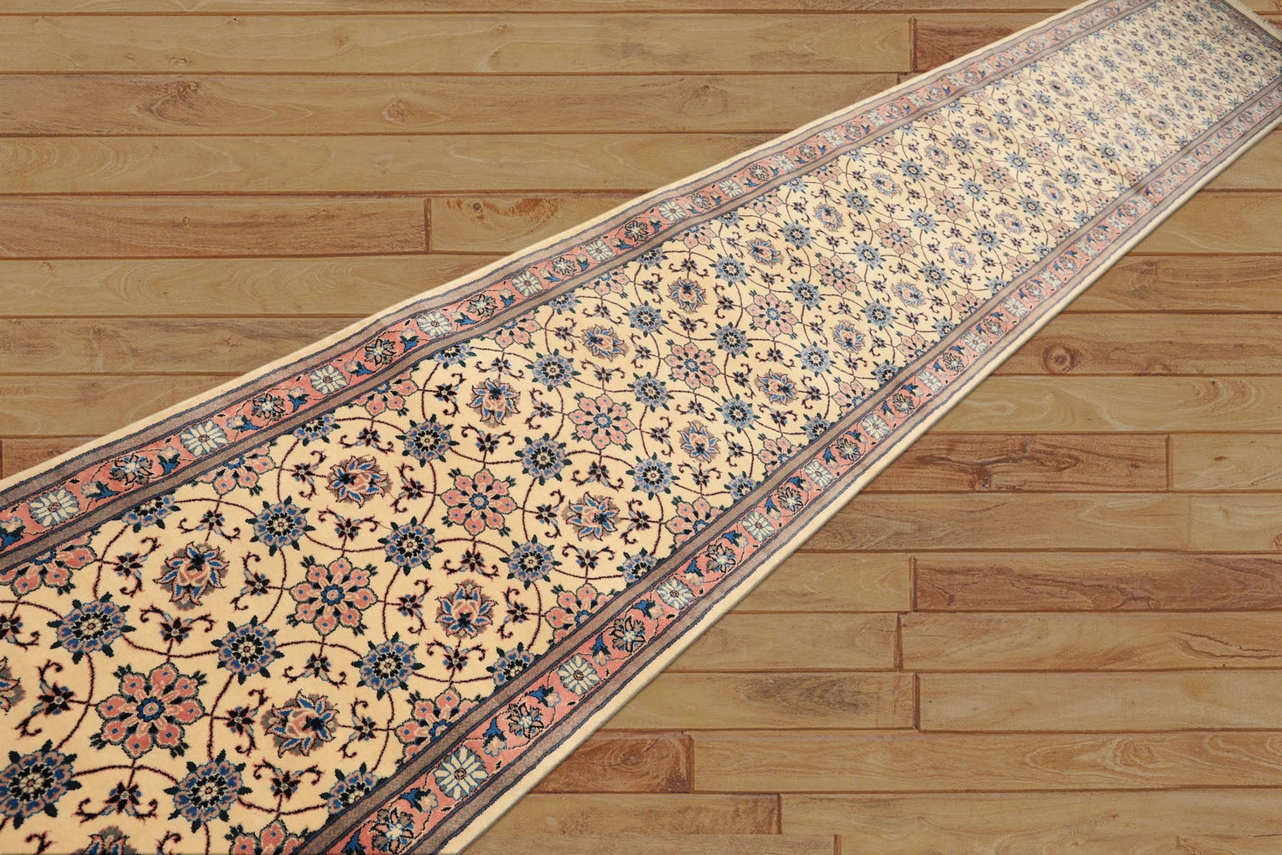 Runner Ivory, Rose, Blue Color Hand Knotted Kashan Wool Traditional Oriental Rug