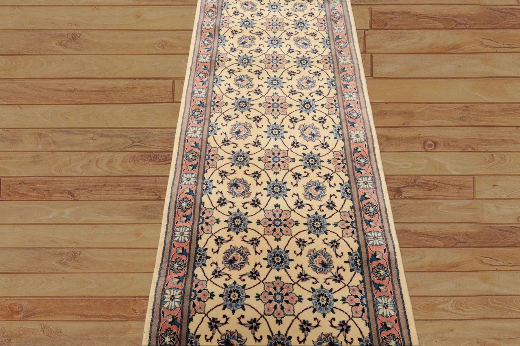 Runner Ivory, Rose, Blue Color Hand Knotted Kashan Wool Traditional Oriental Rug