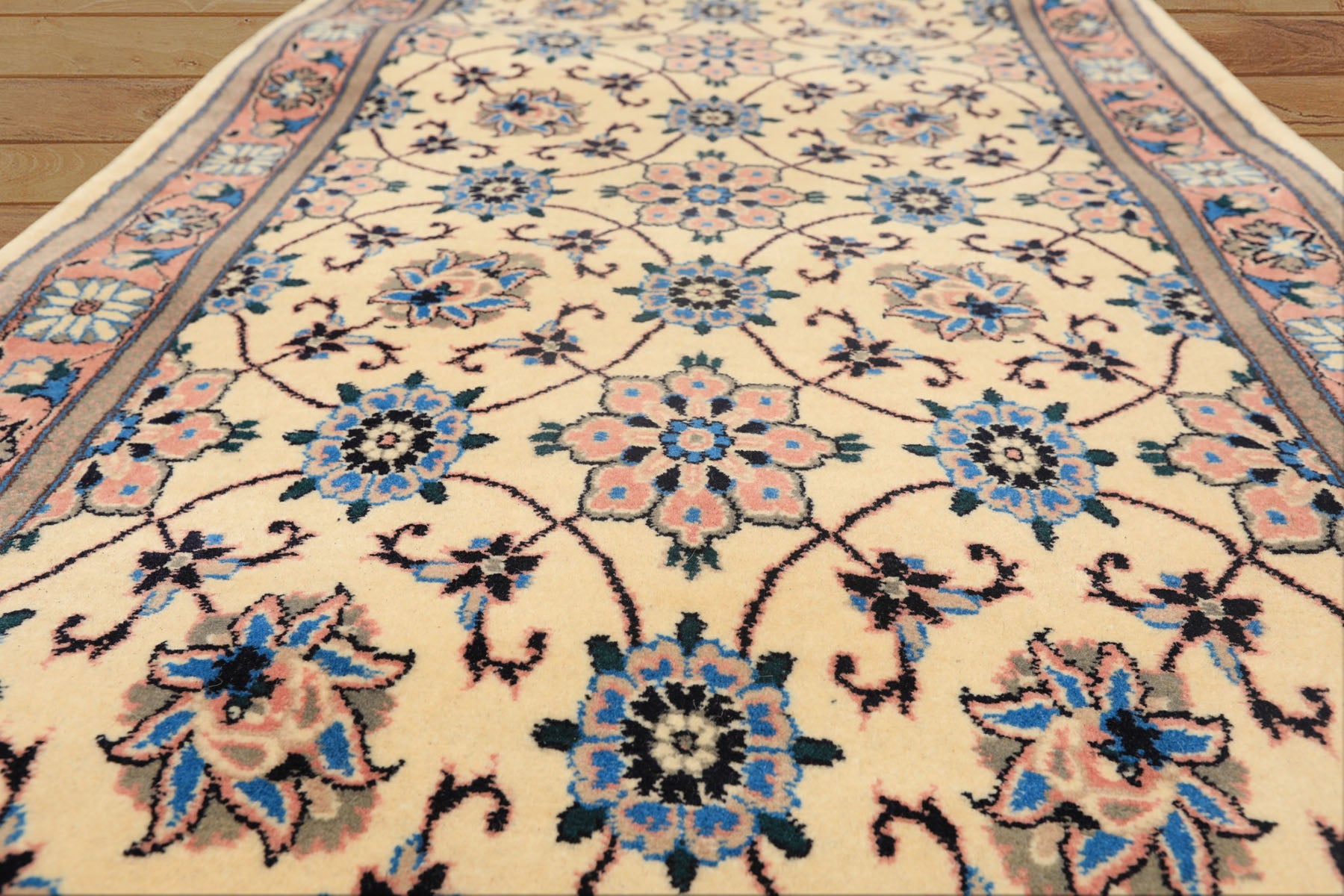 Runner Ivory, Rose, Blue Color Hand Knotted Kashan Wool Traditional Oriental Rug
