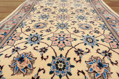Runner Ivory, Rose, Blue Color Hand Knotted Kashan Wool Traditional Oriental Rug