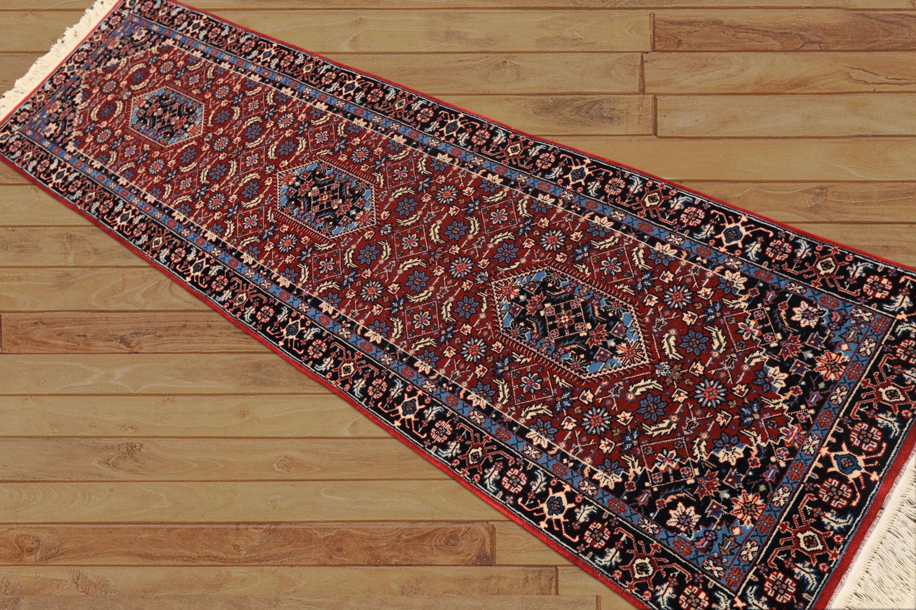 2'6x8 Red, Midnight Blue, Ivory Color Hand Knotted Indo Tabriz Wool Traditional Oriental Rug