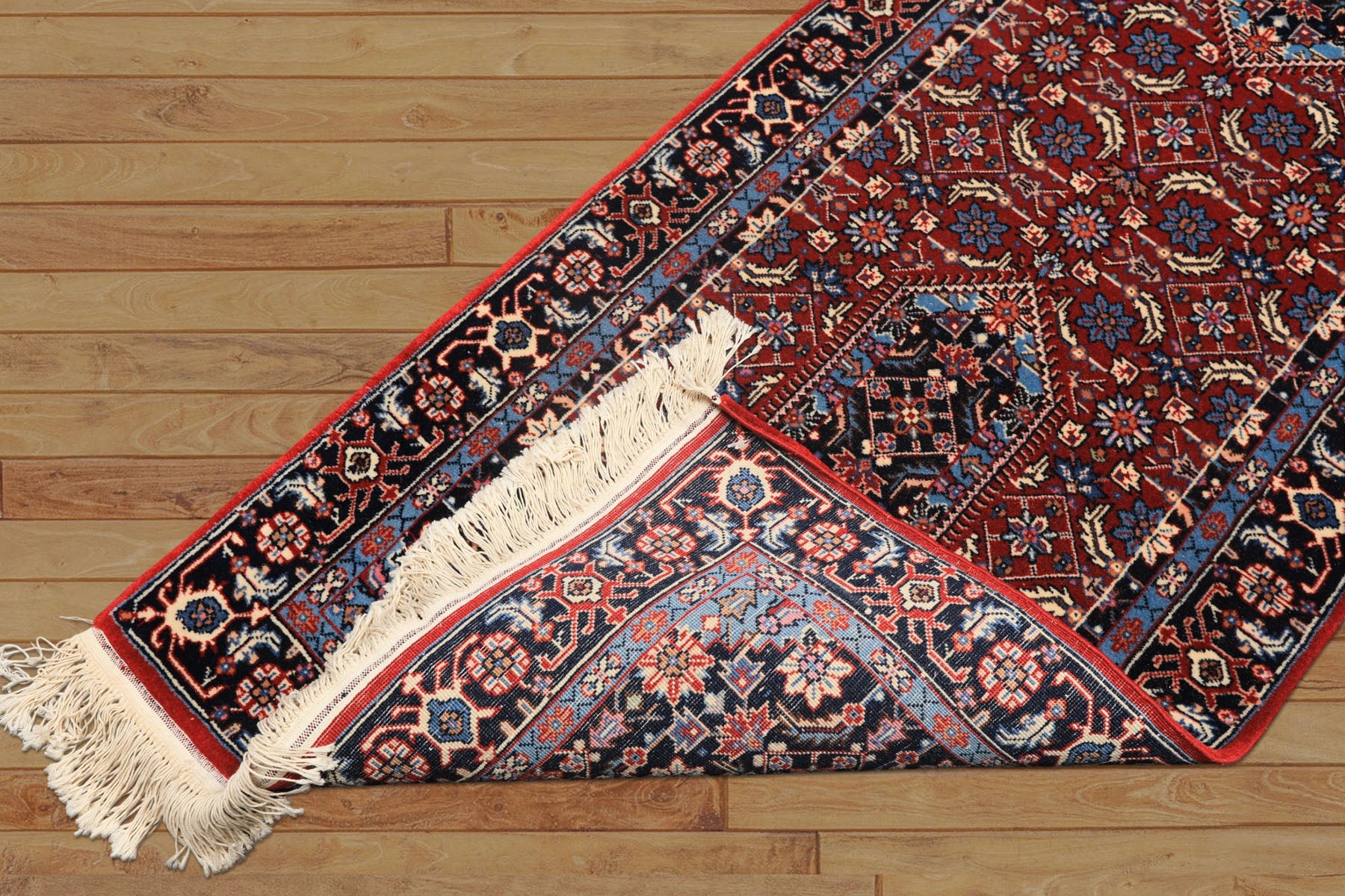 2'6x8 Red, Midnight Blue, Ivory Color Hand Knotted Indo Tabriz Wool Traditional Oriental Rug