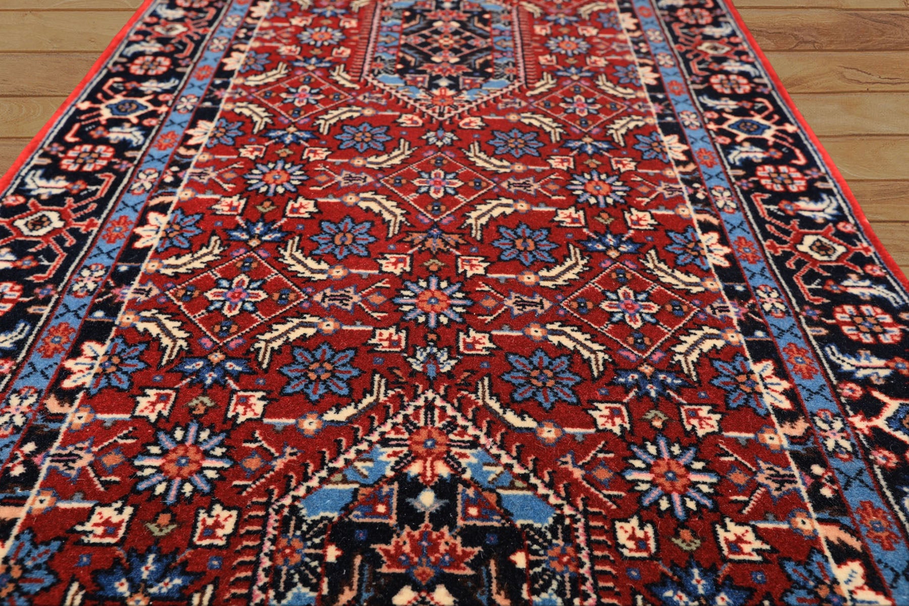 2'6x8 Red, Midnight Blue, Ivory Color Hand Knotted Indo Tabriz Wool Traditional Oriental Rug
