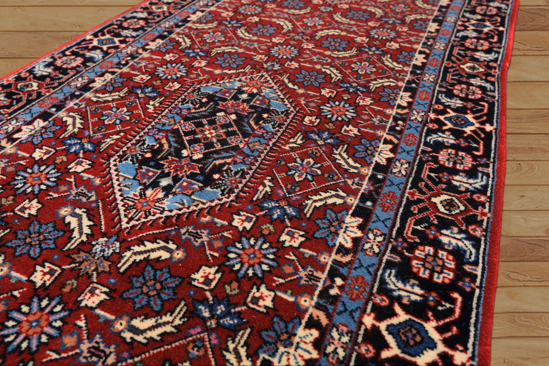 2'6x8 Red, Midnight Blue, Ivory Color Hand Knotted Indo Tabriz Wool Traditional Oriental Rug