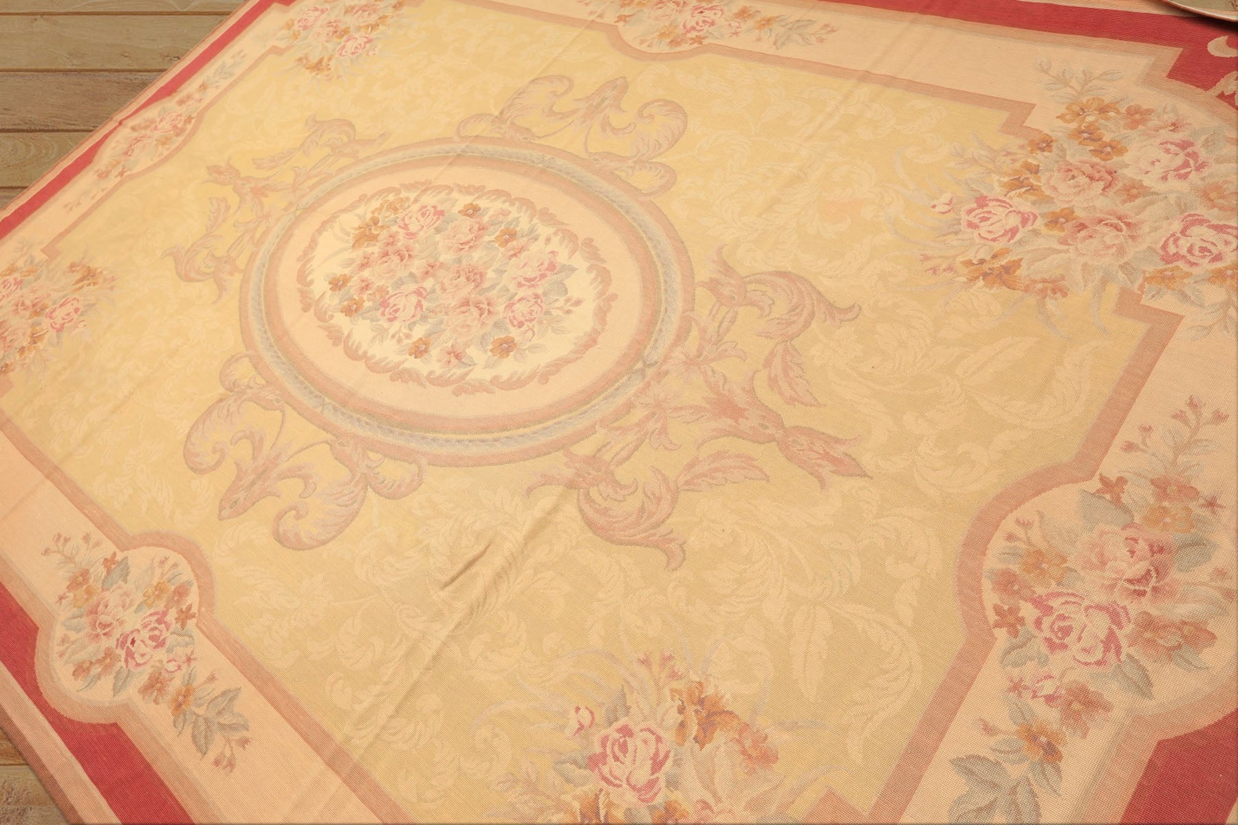 8x11 Pale Gold, Rose, Beige Color Hand Woven French Aubusson Needlepoint Wool Traditional Oriental Rug
