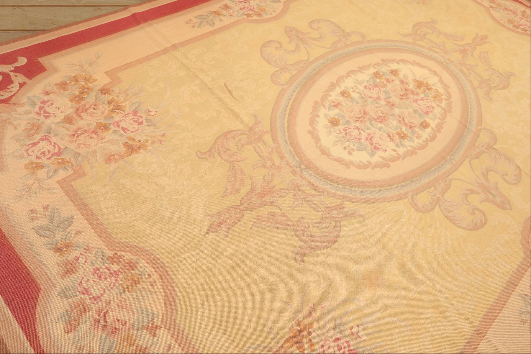 8x11 Pale Gold, Rose, Beige Color Hand Woven French Aubusson Needlepoint Wool Traditional Oriental Rug