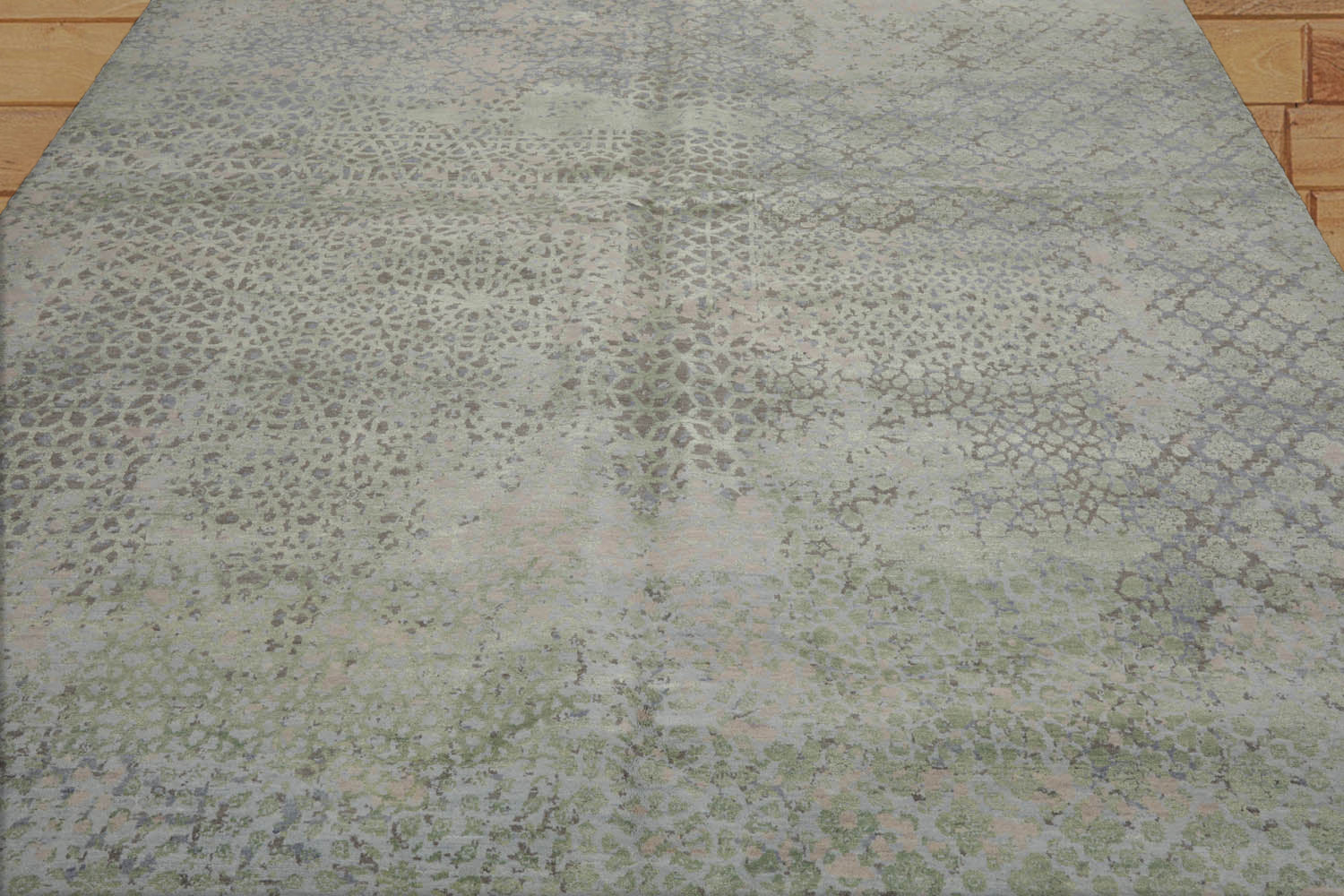 8x10 Beige, Taupe, Green Color Hand Knotted Tibetan Wool & Silk Modern Oriental Rug