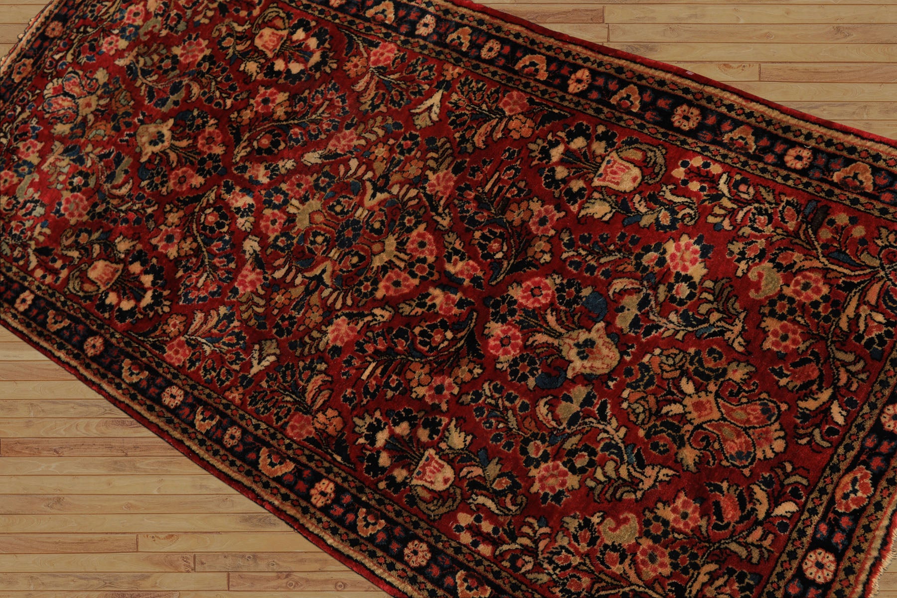 3x5 Red, Midnight Blue, Gold Color Hand Knotted Sarouk Wool Traditional Oriental Rug