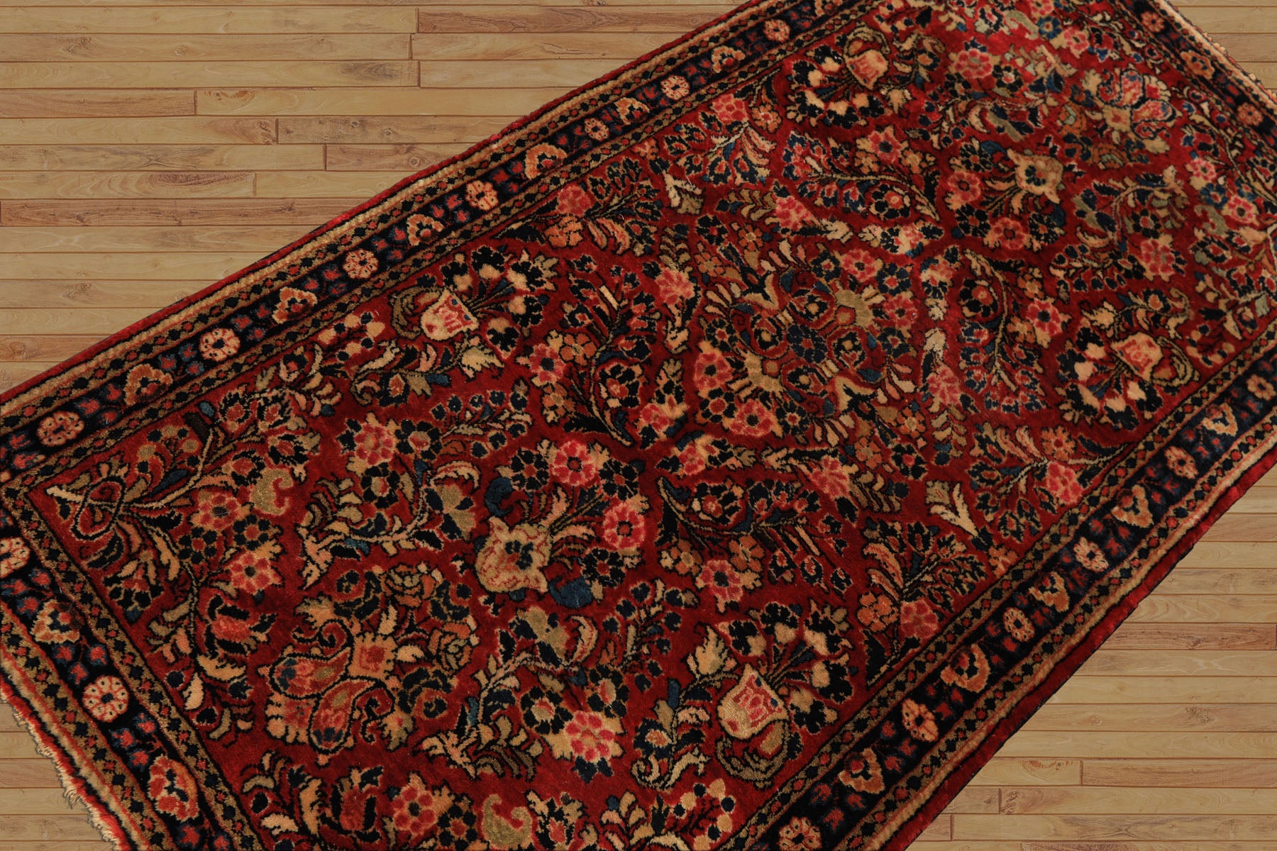 3x5 Red, Midnight Blue, Gold Color Hand Knotted Sarouk Wool Traditional Oriental Rug