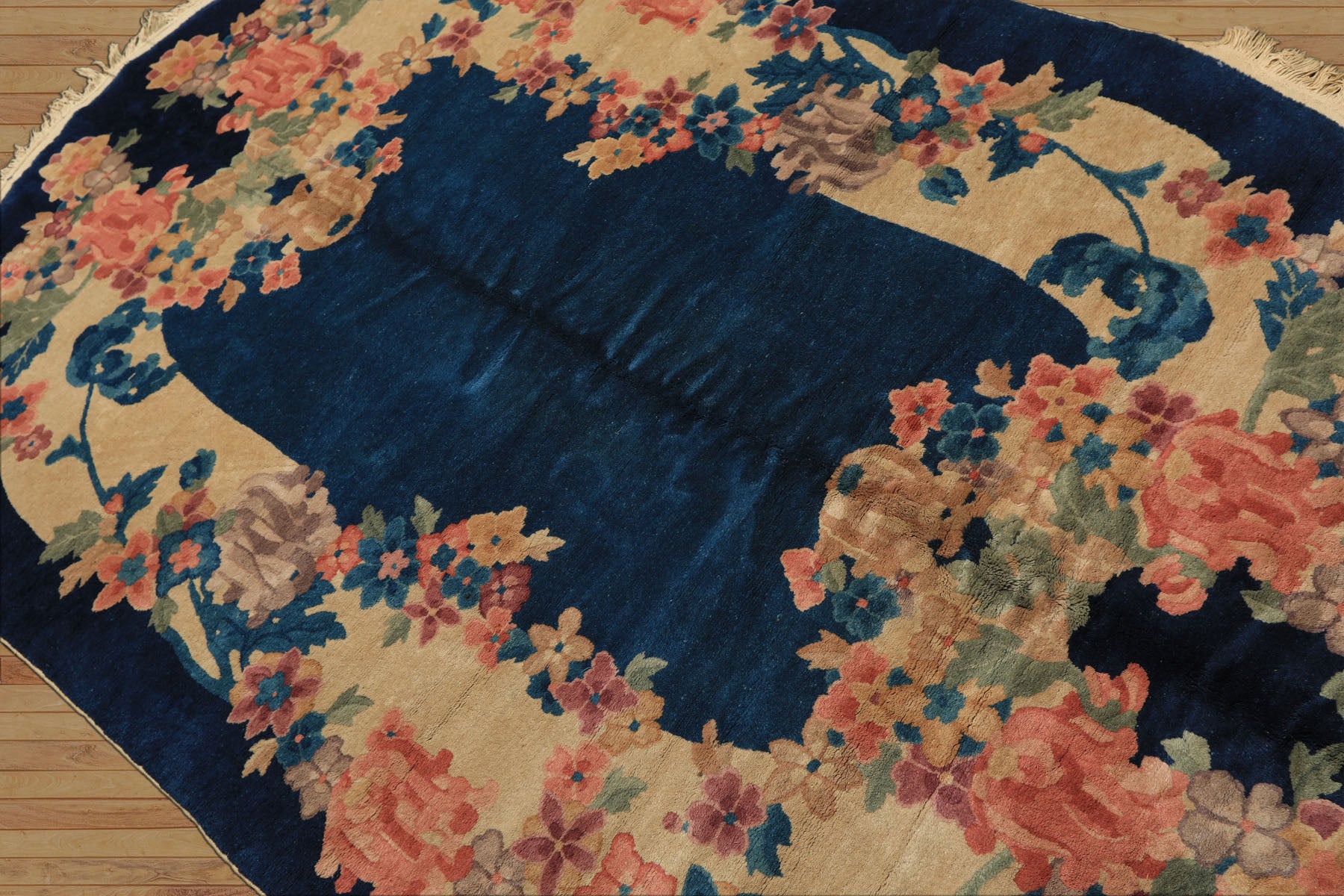 5x8 Navy, Beige, Celadon Color Hand Knotted Chinese Art Deco Wool Traditional Oriental Rug