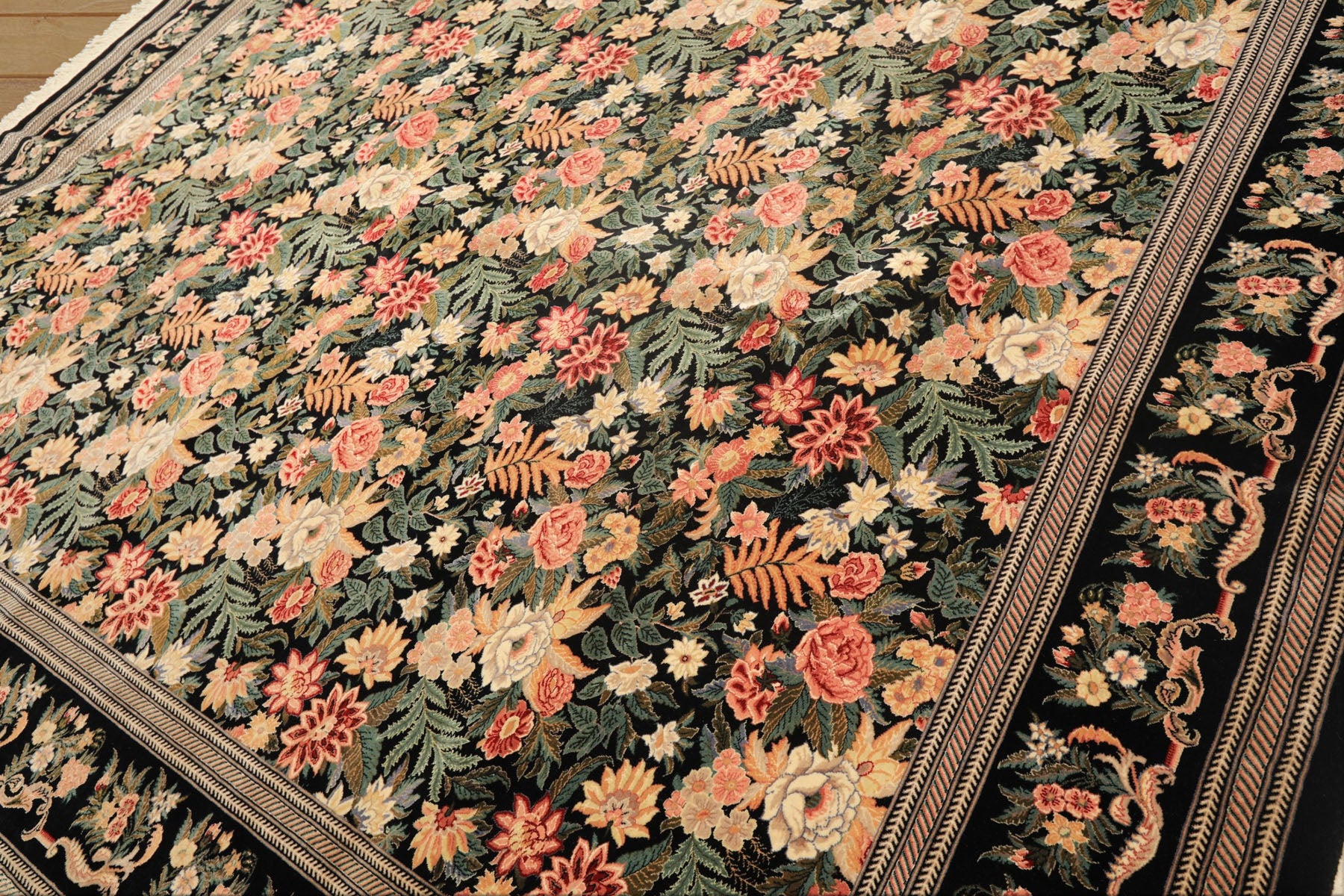 9x12 Black, Ivory, Rose Color Hand Knotted Pak Persian Wool & Silk Traditional Oriental Rug