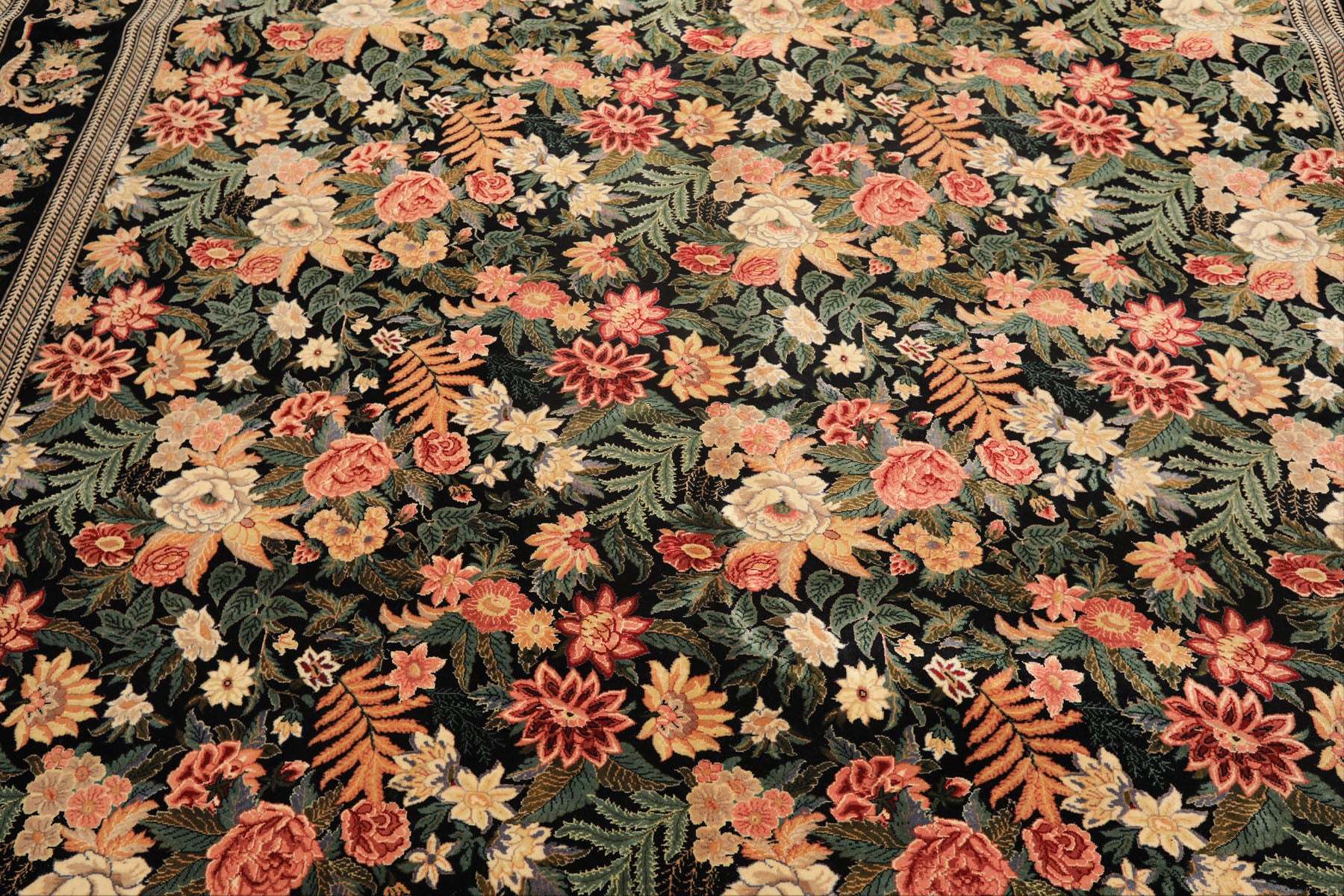 9x12 Black, Ivory, Rose Color Hand Knotted Pak Persian Wool & Silk Traditional Oriental Rug
