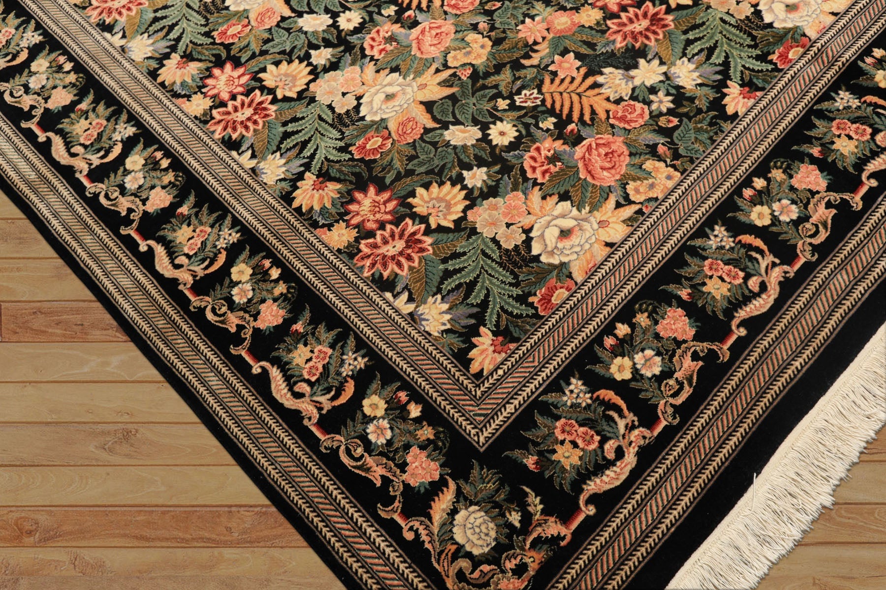 9x12 Black, Ivory, Rose Color Hand Knotted Pak Persian Wool & Silk Traditional Oriental Rug