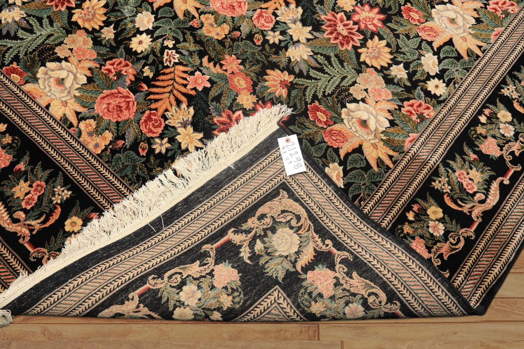 9x12 Black, Ivory, Rose Color Hand Knotted Pak Persian Wool & Silk Traditional Oriental Rug