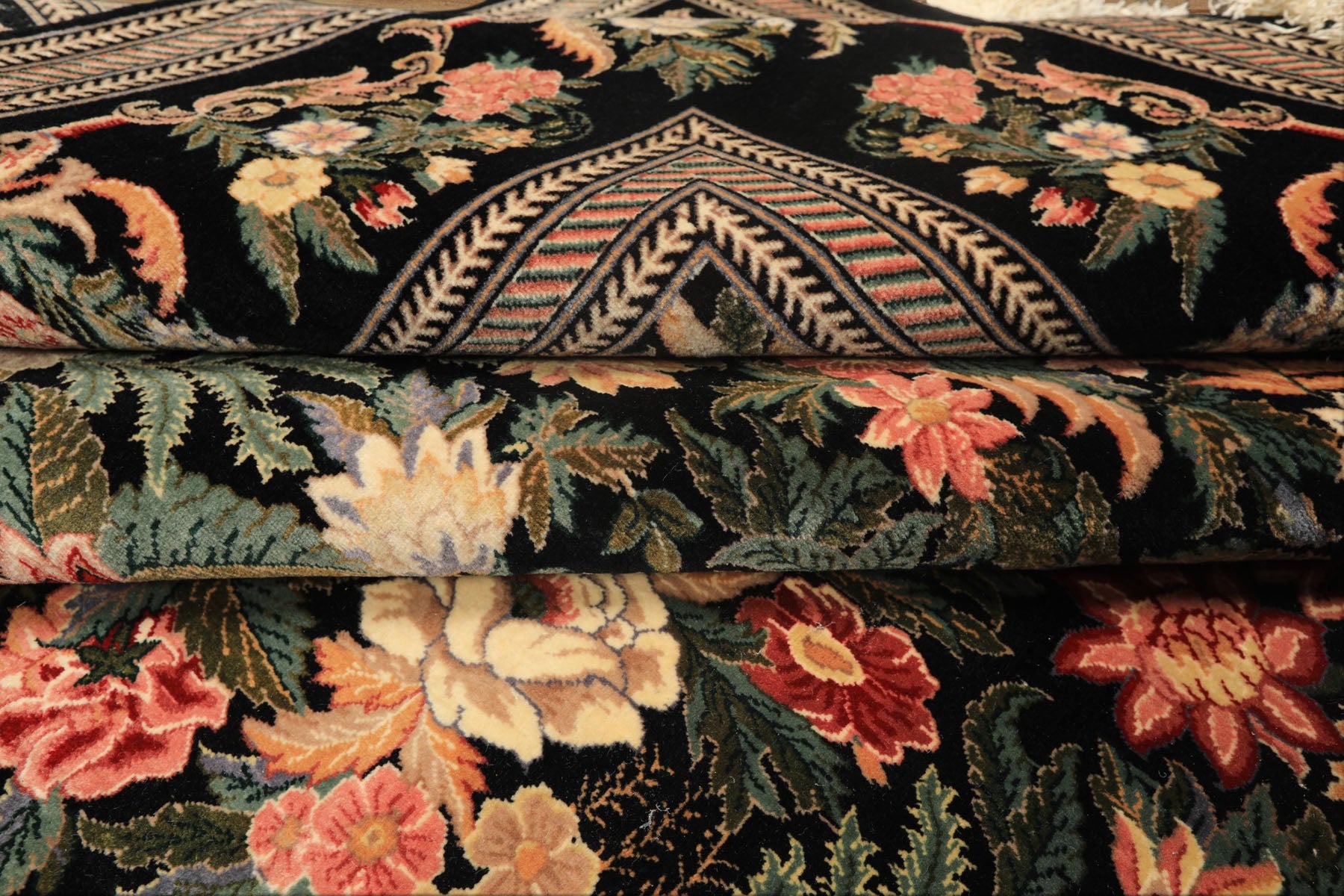 9x12 Black, Ivory, Rose Color Hand Knotted Pak Persian Wool & Silk Traditional Oriental Rug