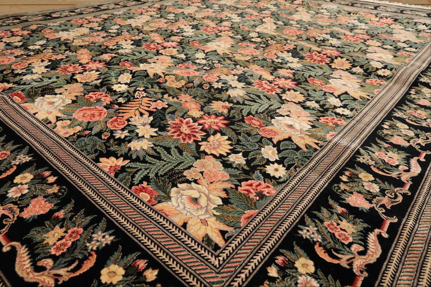 9x12 Black, Ivory, Rose Color Hand Knotted Pak Persian Wool & Silk Traditional Oriental Rug