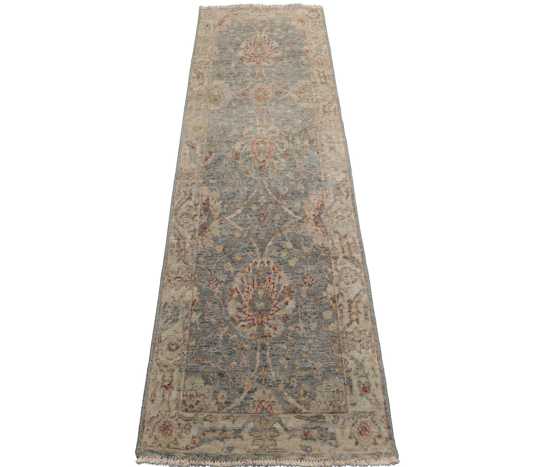 Runner Slate, Beige, Gold Color Hand Knotted Oushak 100% Wool Traditional Oriental Rug