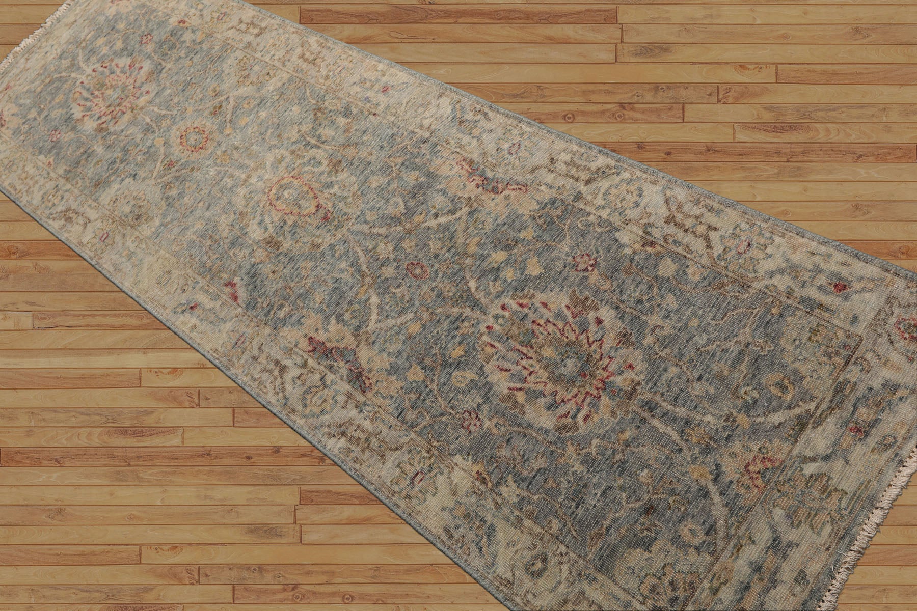 Runner Slate, Beige, Gold Color Hand Knotted Oushak 100% Wool Traditional Oriental Rug