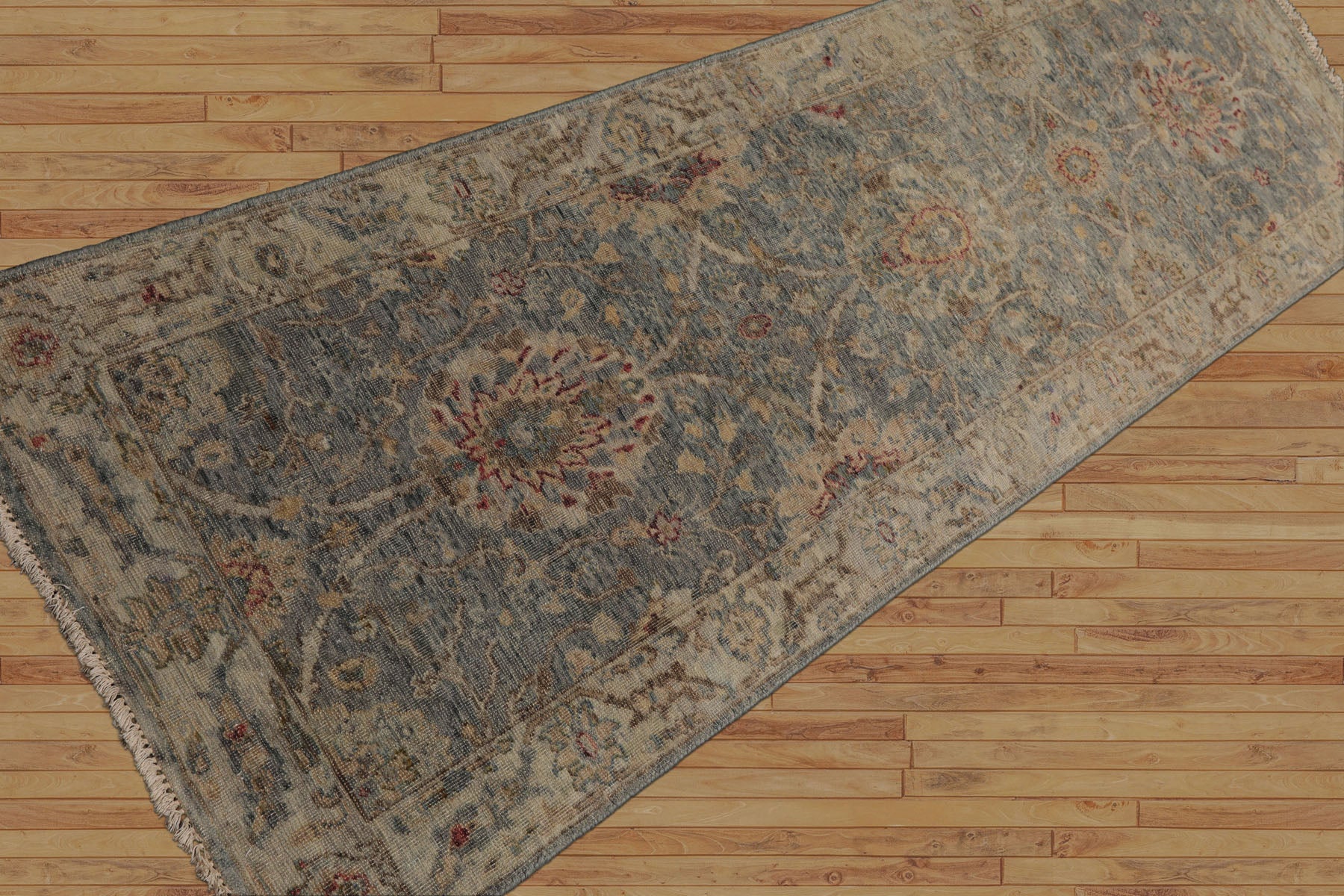 Runner Slate, Beige, Gold Color Hand Knotted Oushak 100% Wool Traditional Oriental Rug