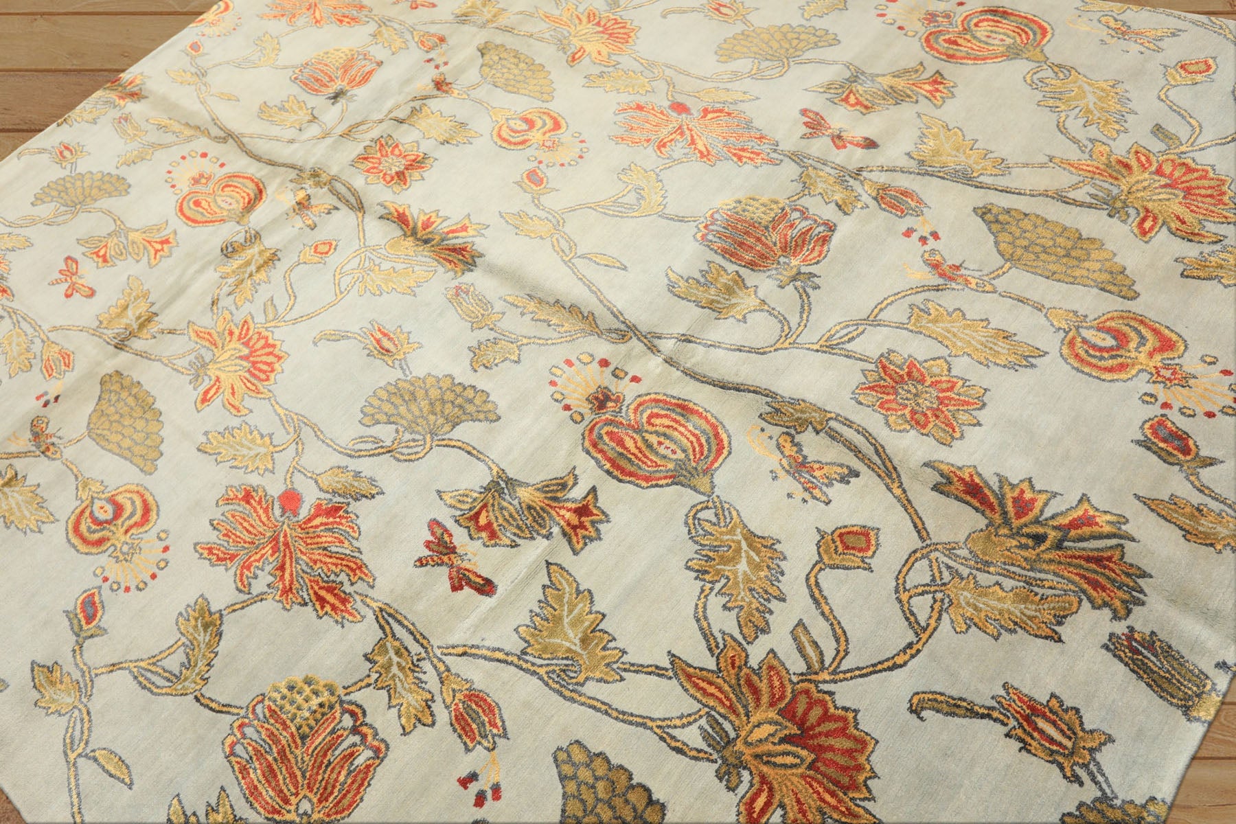 8x10 Aqua, Burnt Orange, Gold Color Hand Knotted Tibetan Wool & Pure Silk Traditional Oriental Rug
