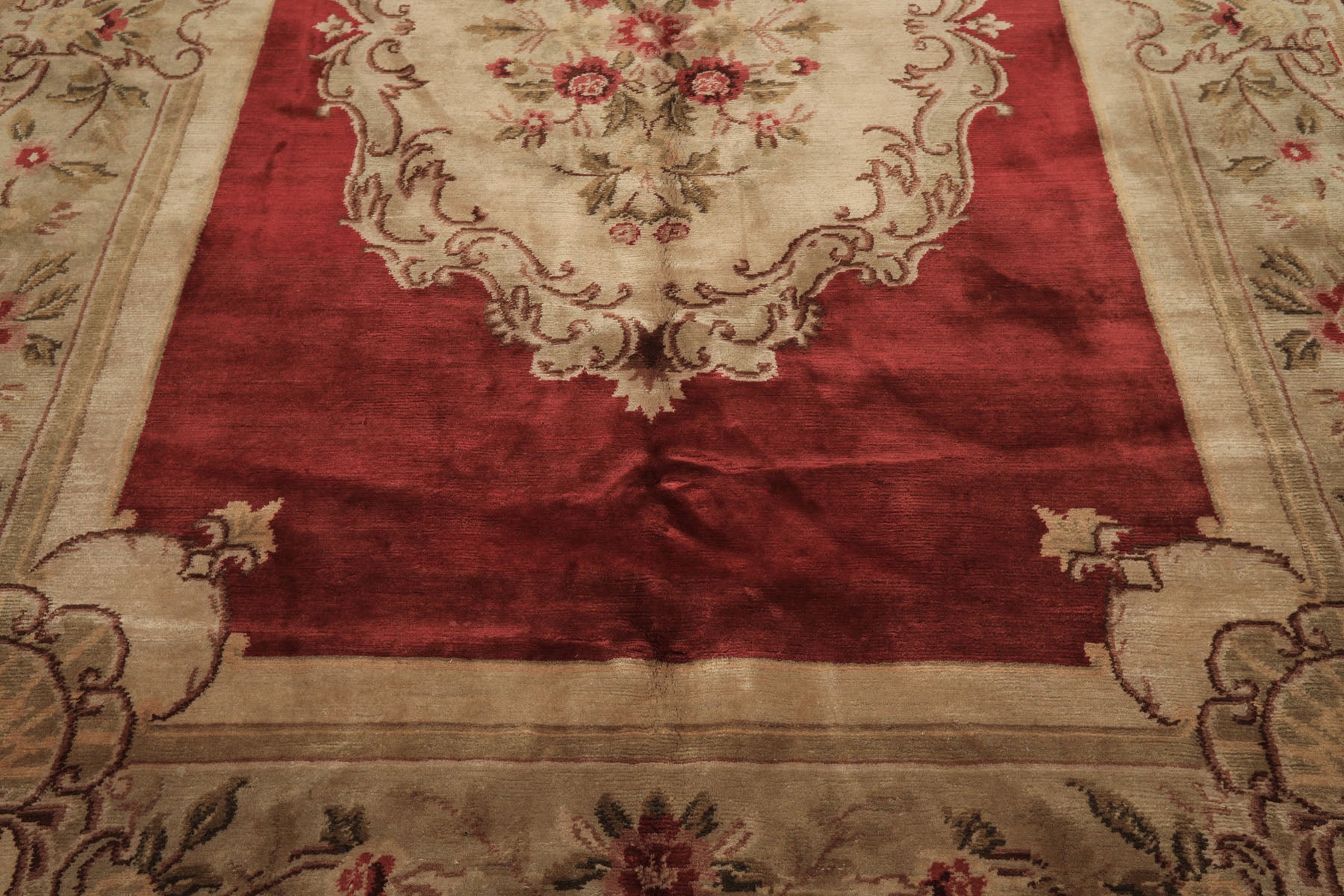 8x11 Burgundy, Sage, Brown Color Hand Knotted French Aubusson Savonerrie Wool Traditional Oriental Rug