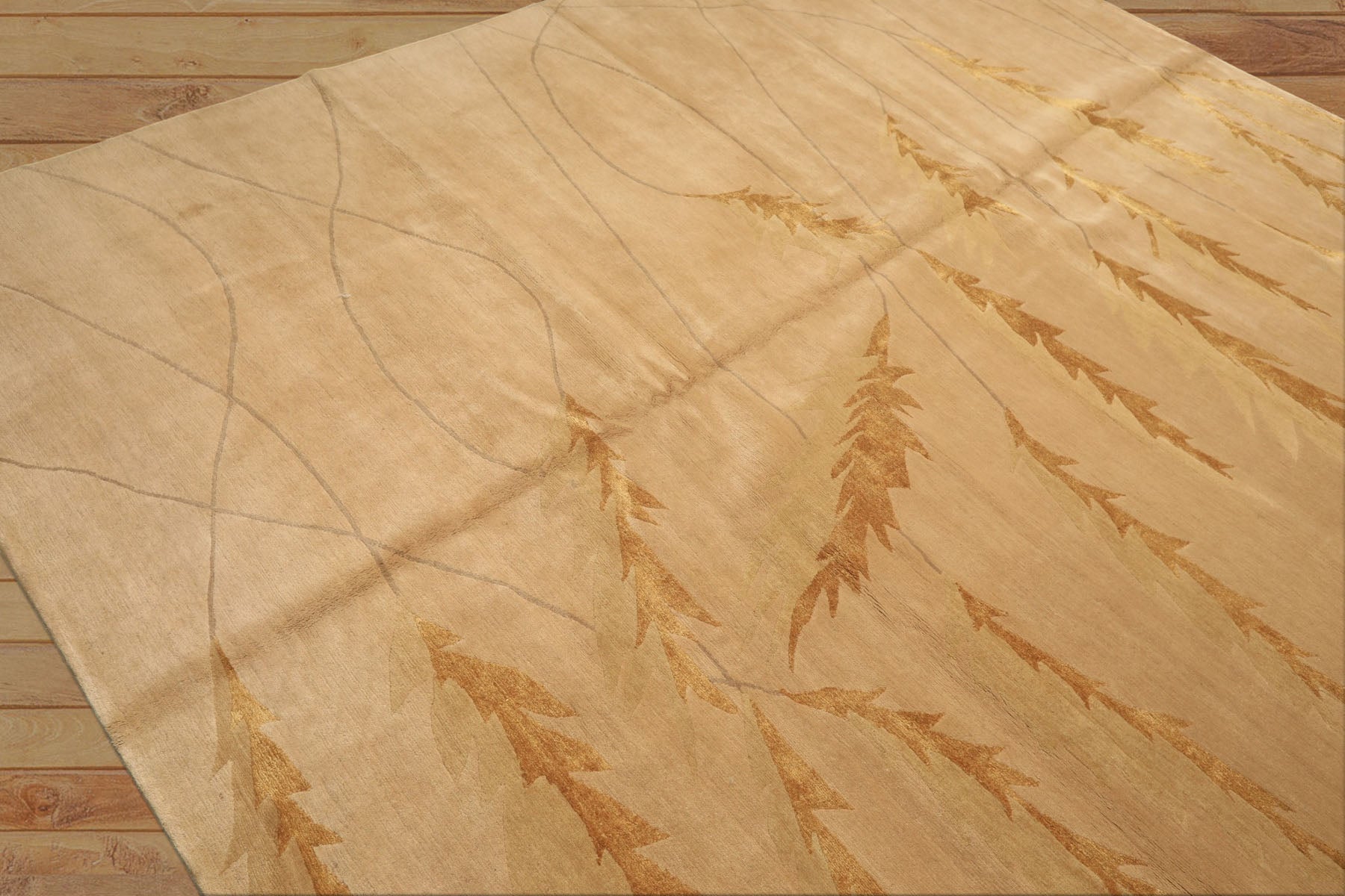 8x10 Tan, Gold, Gray Color Hand Knotted Tibetan Wool & Pure Silk Transitional Oriental Rug