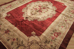 8x11 Burgundy, Sage, Brown Color Hand Knotted French Aubusson Savonerrie Wool Traditional Oriental Rug