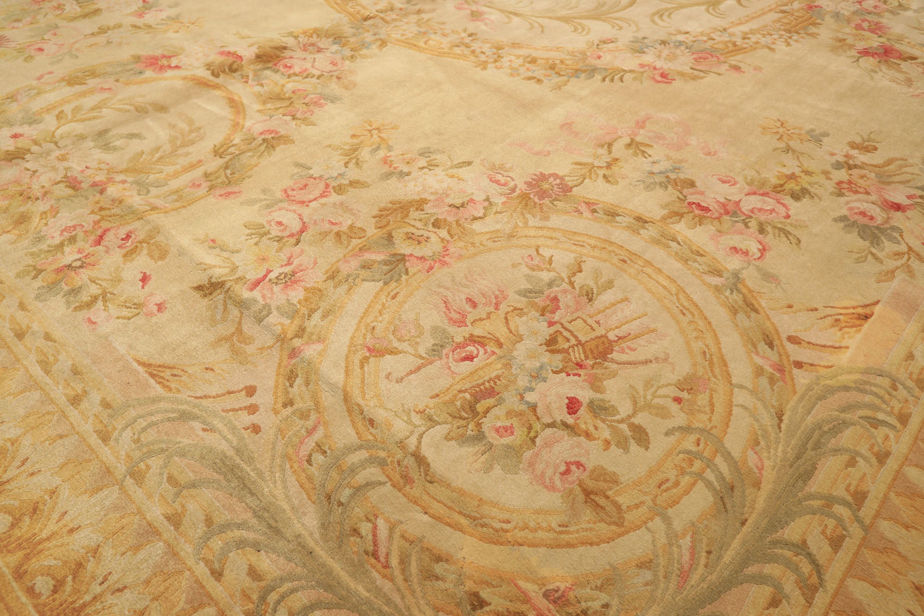 Oversize Beige, Tan, Gold Color Hand Knotted French Aubusson Savonerrie Wool Traditional Oriental Rug