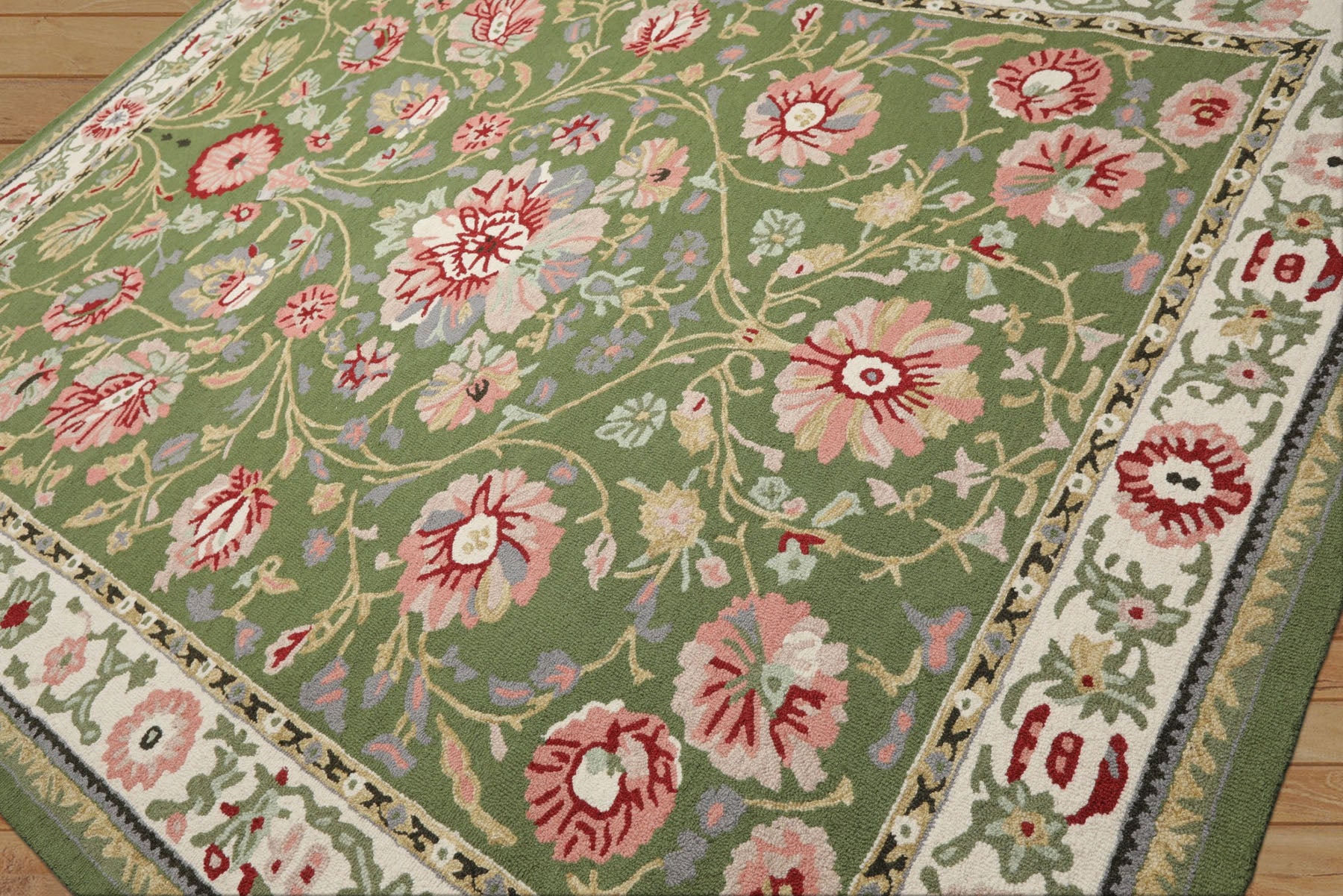 8x10 Sage, Cream, Blush Color Hand Hooked  Wool Traditional Oriental Rug
