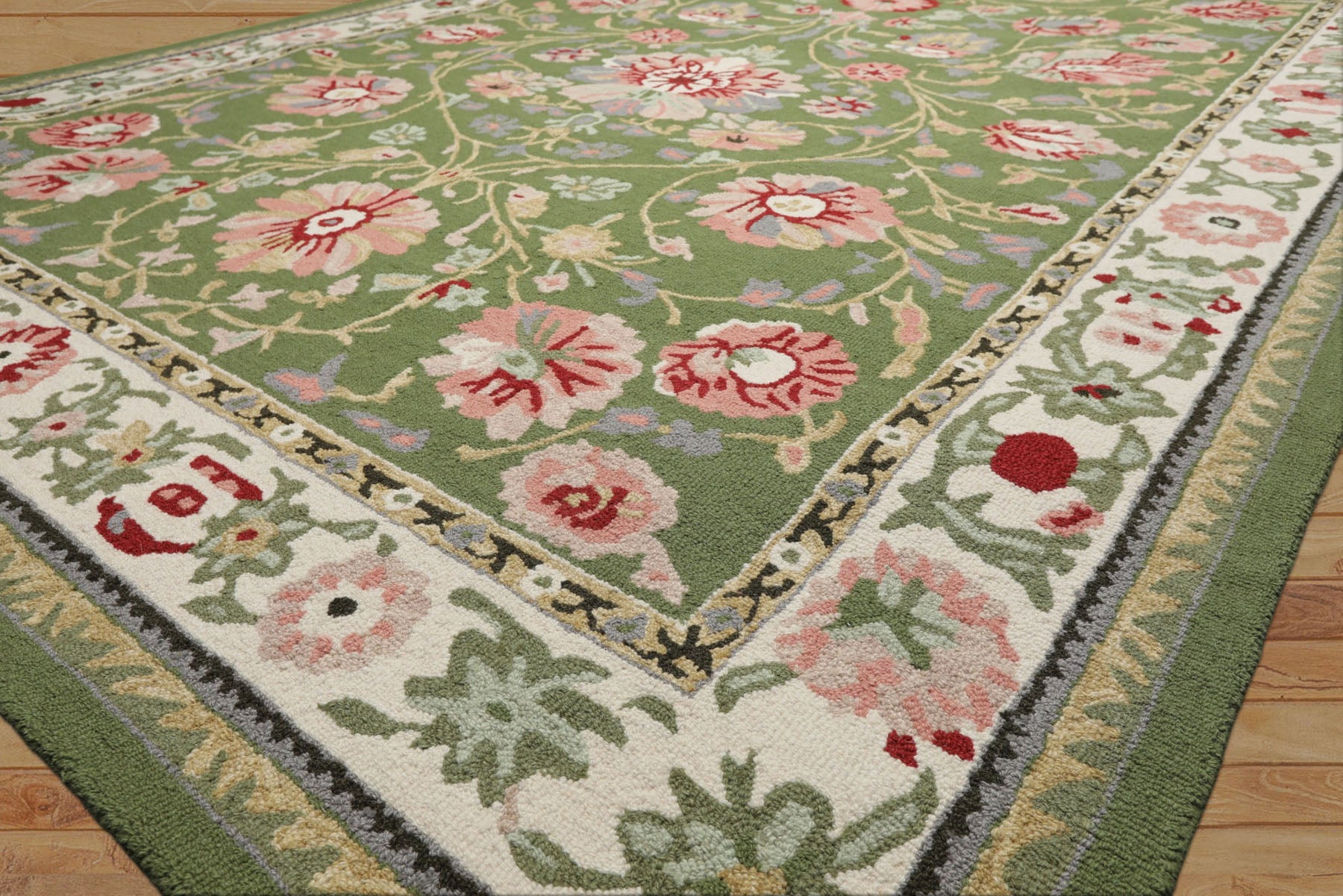 8x10 Sage, Cream, Blush Color Hand Hooked  Wool Traditional Oriental Rug