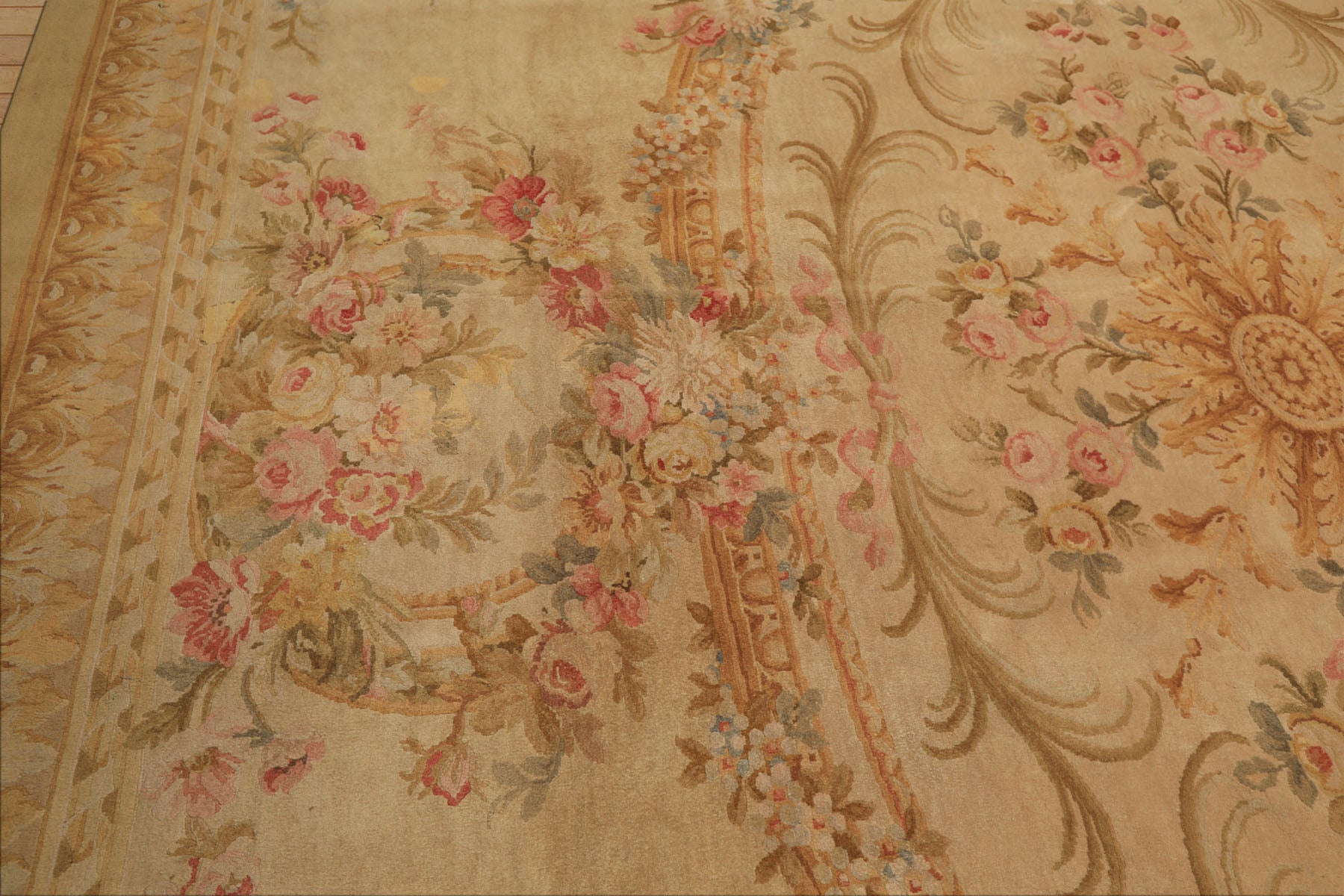Oversize Beige, Tan, Gold Color Hand Knotted French Aubusson Savonerrie Wool Traditional Oriental Rug
