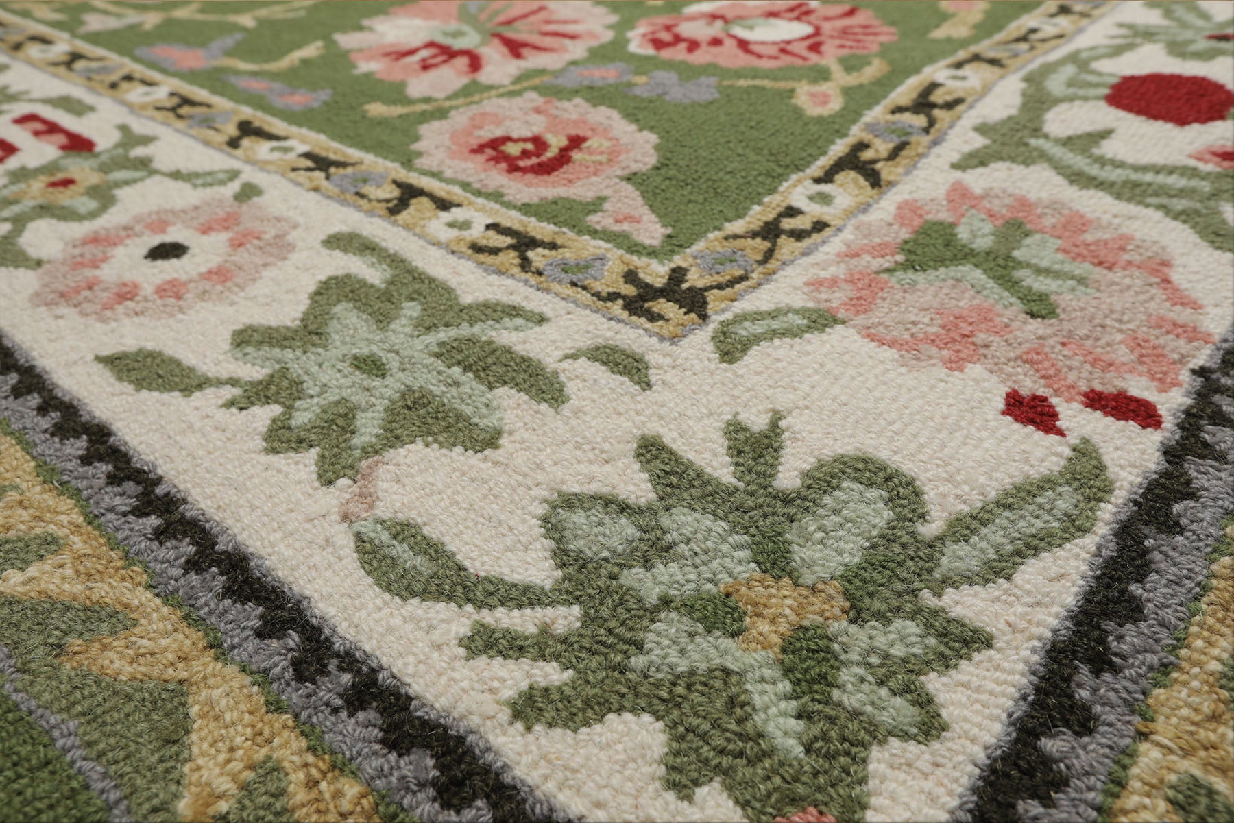 8x10 Sage, Cream, Blush Color Hand Hooked  Wool Traditional Oriental Rug