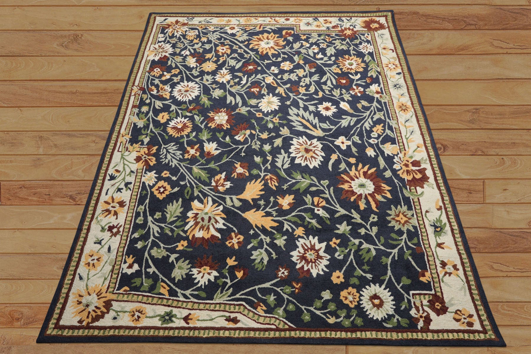 8x10 Navy, Ivory, Sage Color Hand Hooked  Wool Traditional Oriental Rug