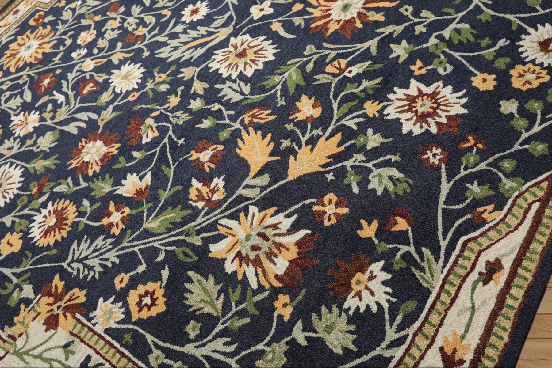 8x10 Navy, Ivory, Sage Color Hand Hooked  Wool Traditional Oriental Rug