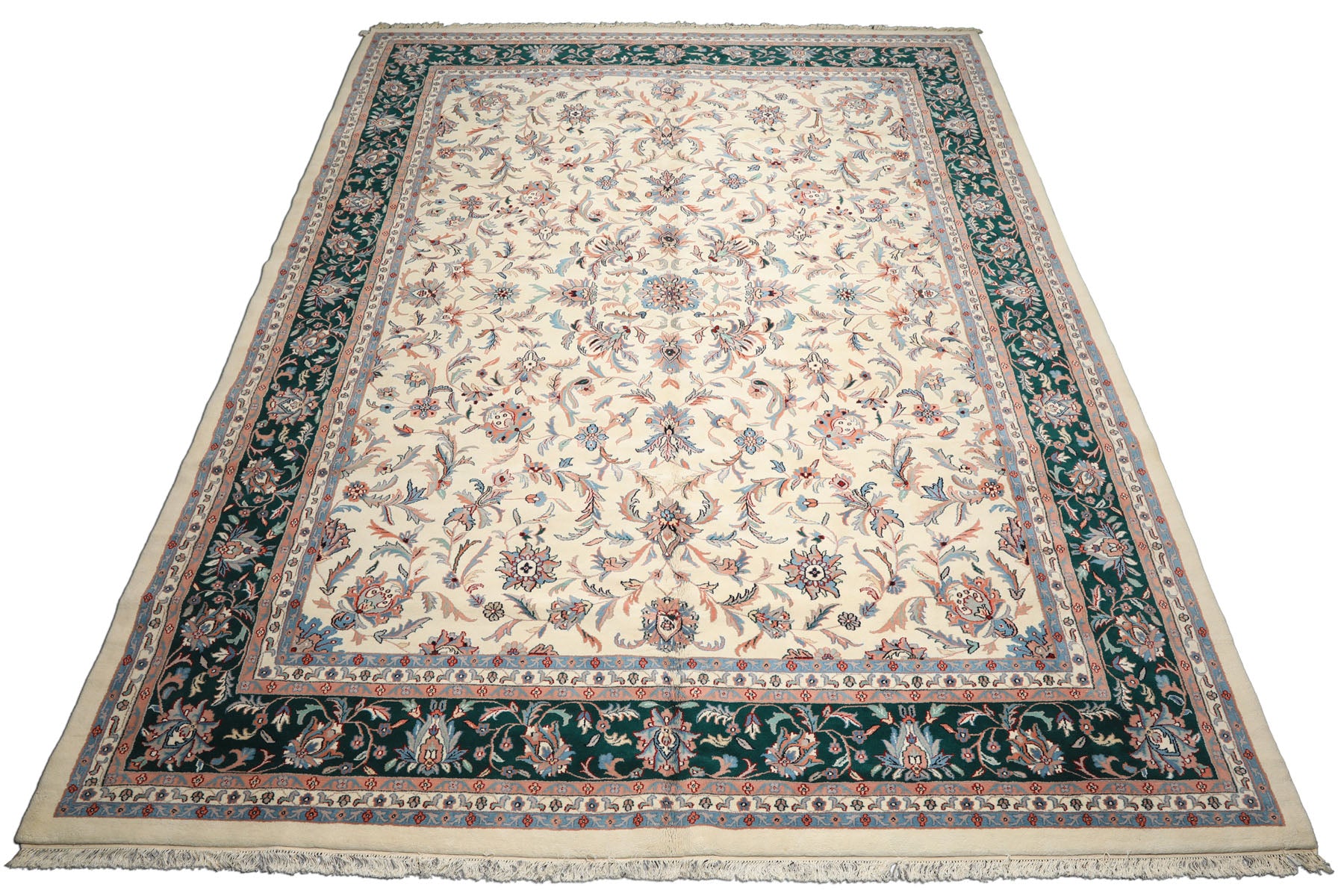 12x15 Cream, Emerald, Blush Color Hand Knotted Kashan Wool Traditional Oriental Rug