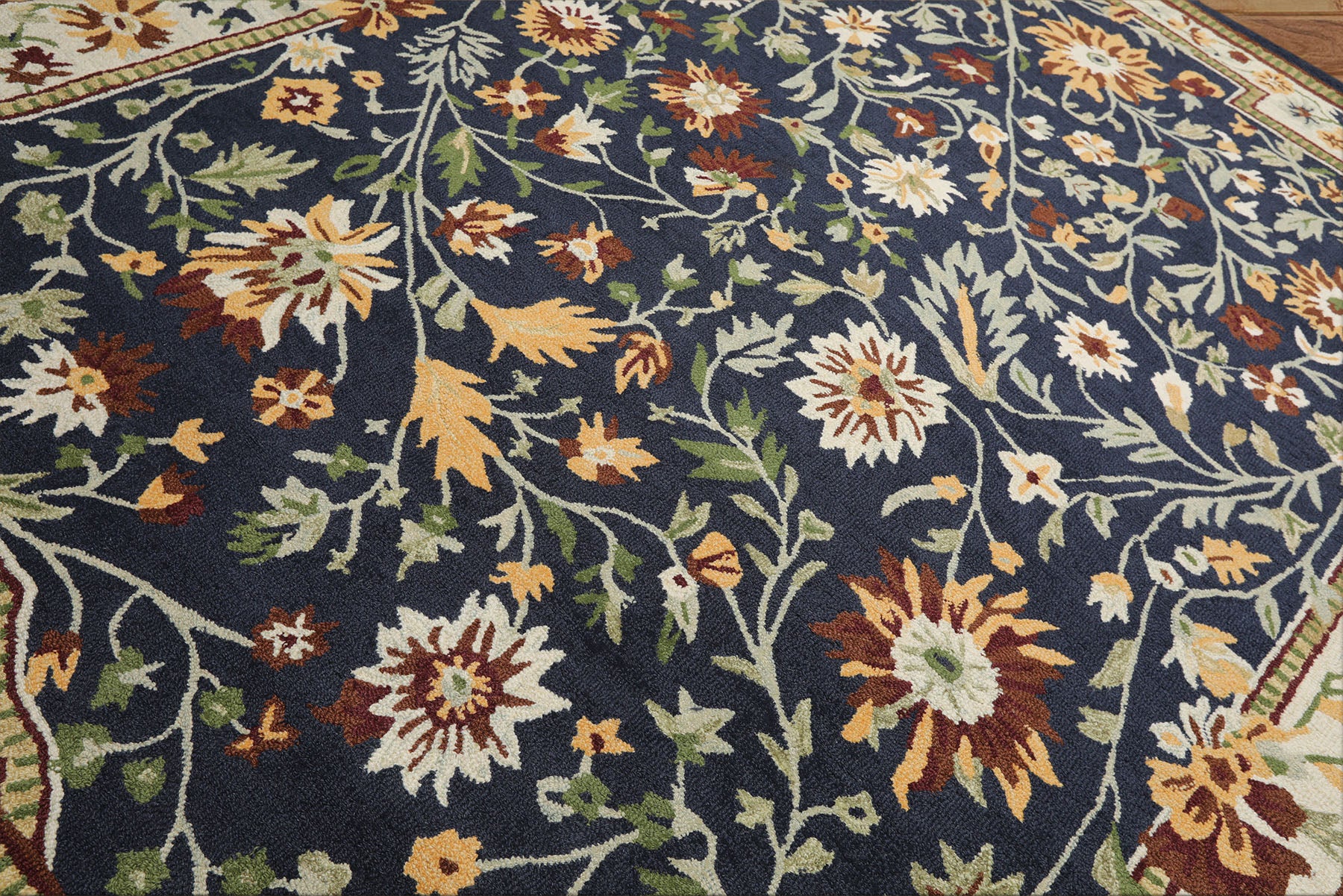 8x10 Navy, Ivory, Sage Color Hand Hooked  Wool Traditional Oriental Rug