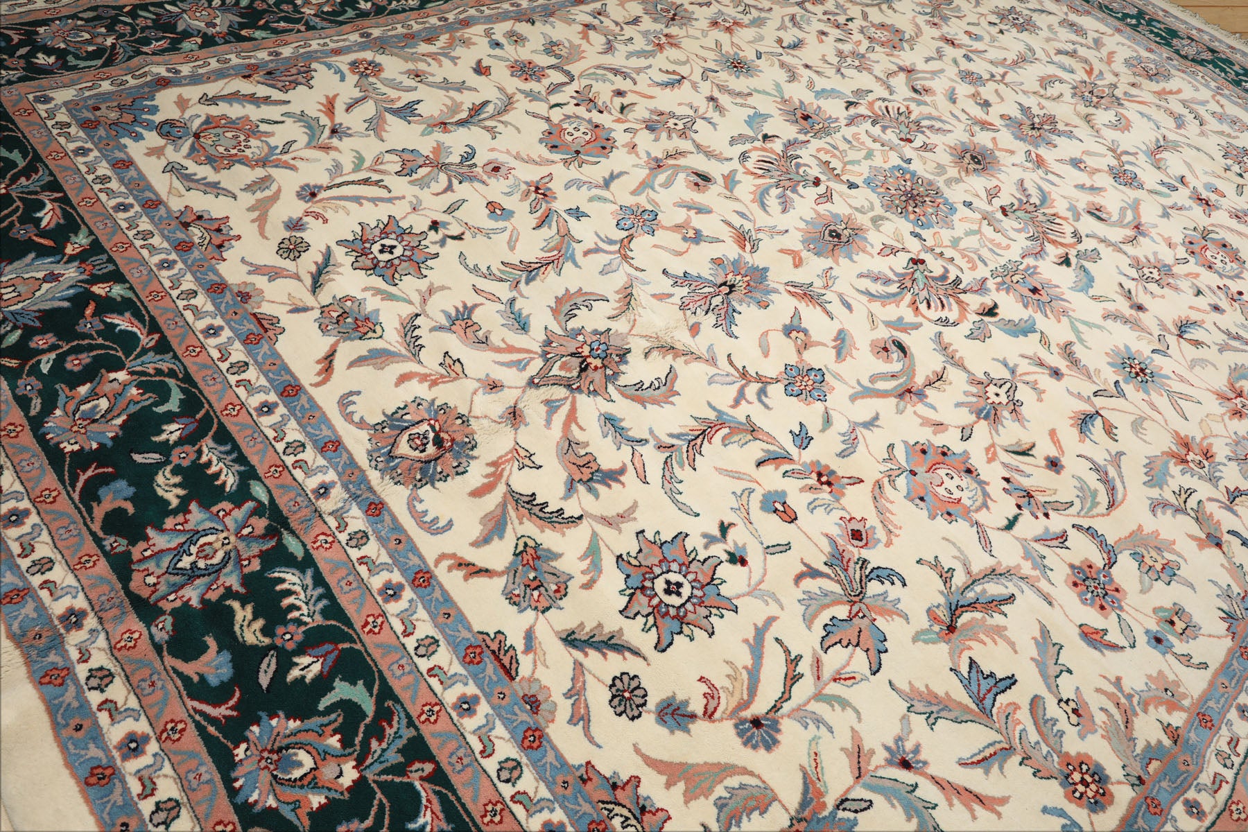 12x15 Cream, Emerald, Blush Color Hand Knotted Kashan Wool Traditional Oriental Rug