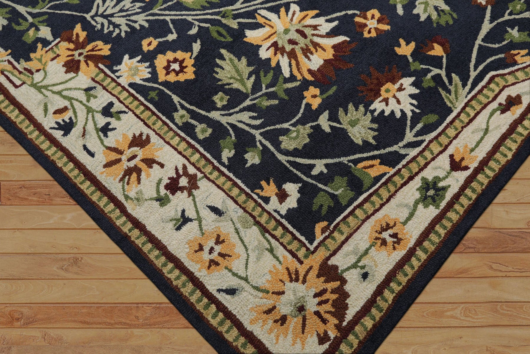 8x10 Navy, Ivory, Sage Color Hand Hooked  Wool Traditional Oriental Rug